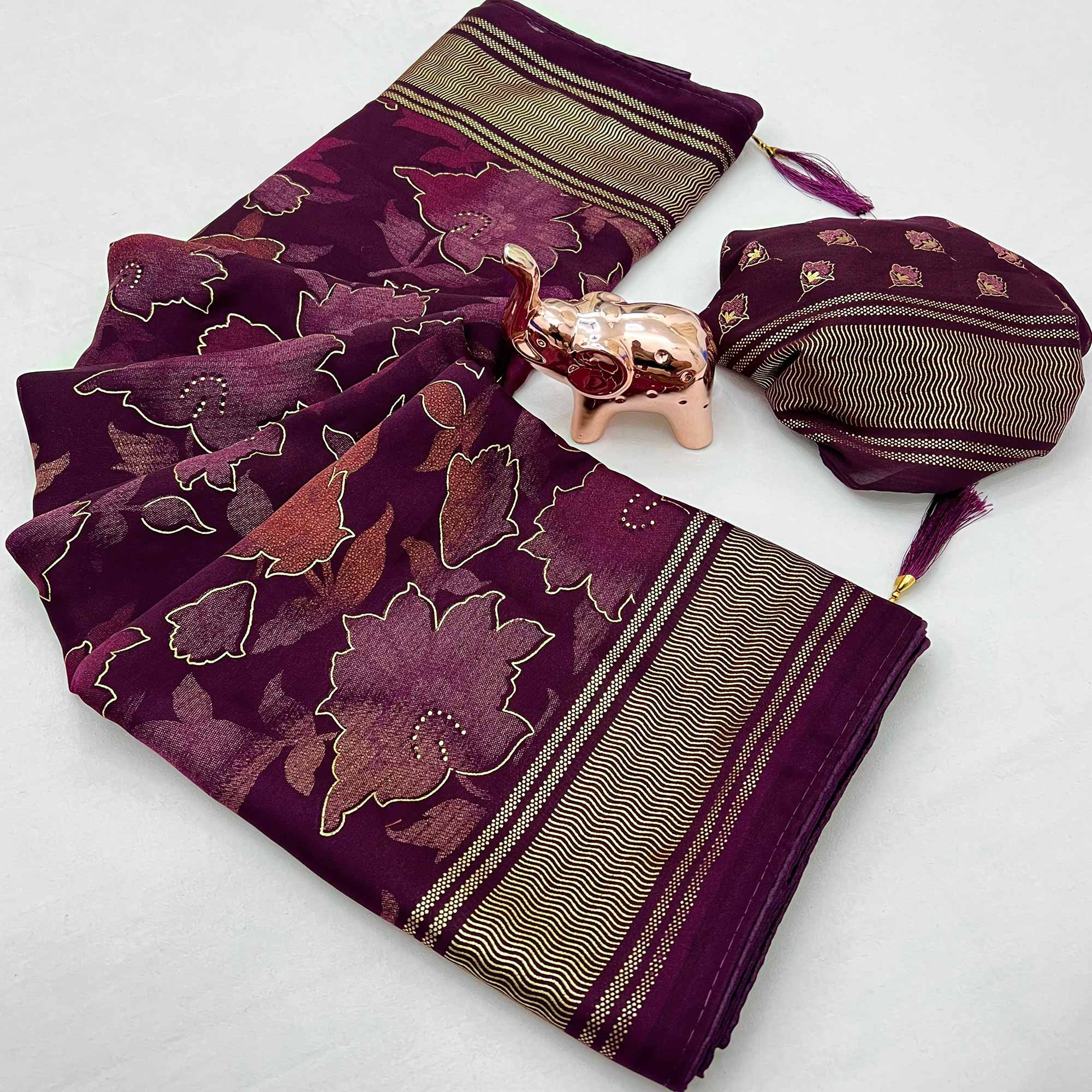 Wine Floral Foil Printed Georgette Saree With Tassels