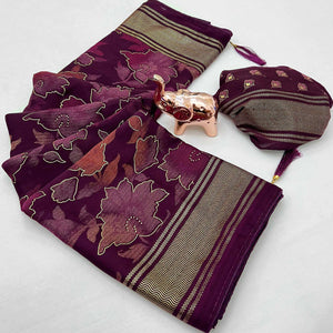 Wine Floral Foil Printed Georgette Saree With Tassels