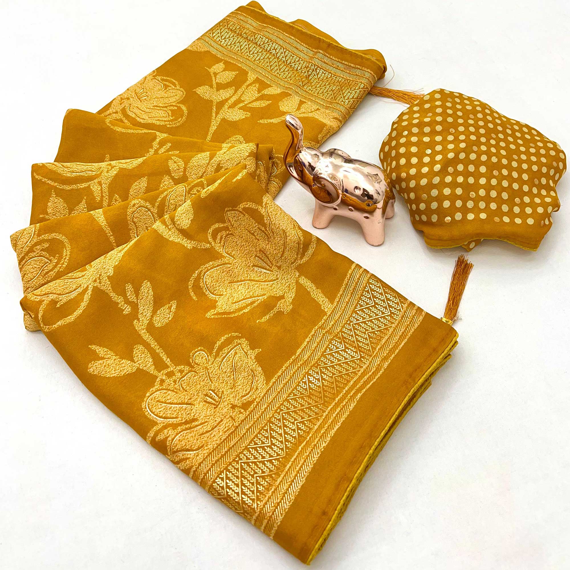 Mustard Toned Georgette Saree With Intricate Mill Print & Gleaming Floral Foil Embellishments