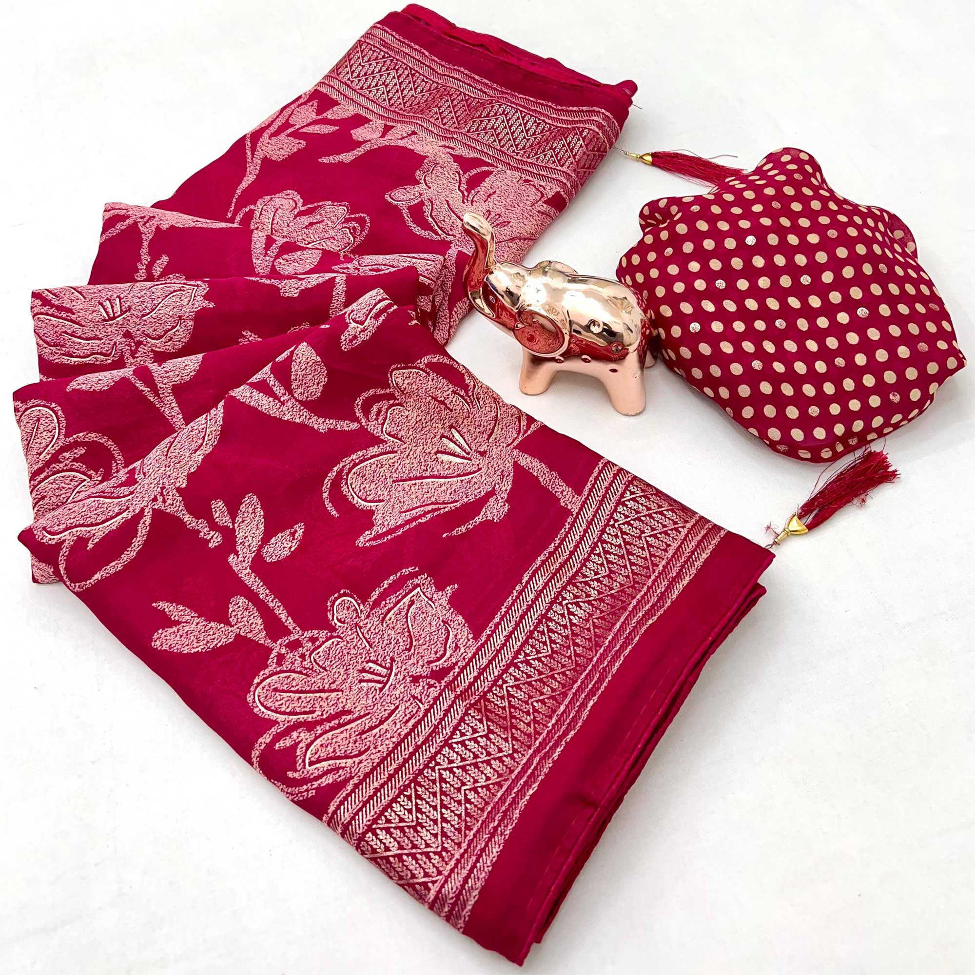 Pink Toned Georgette Saree With Intricate Mill Print & Gleaming Floral Foil Embellishments