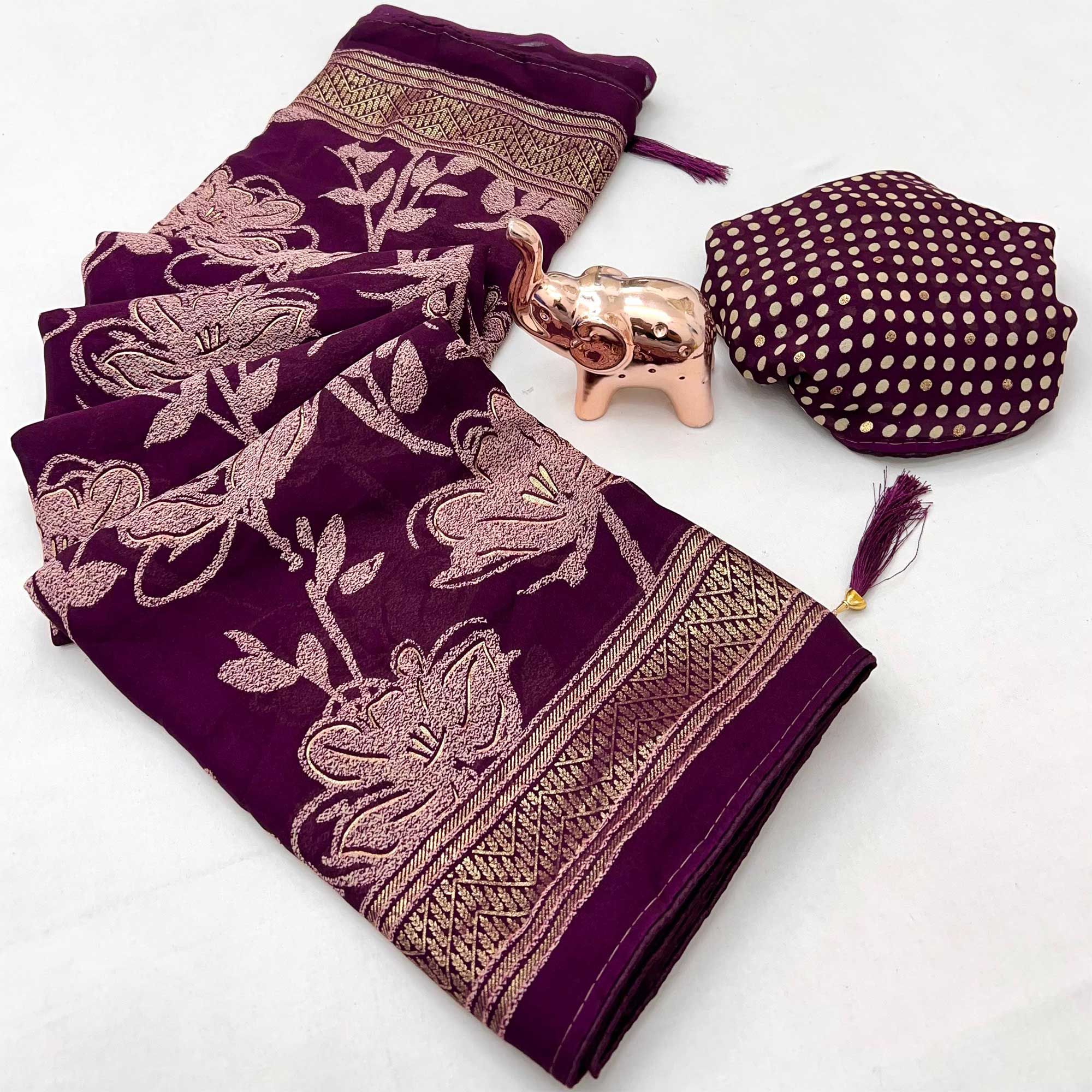 Wine Toned Georgette Saree With Intricate Mill Print & Gleaming Floral Foil Embellishments