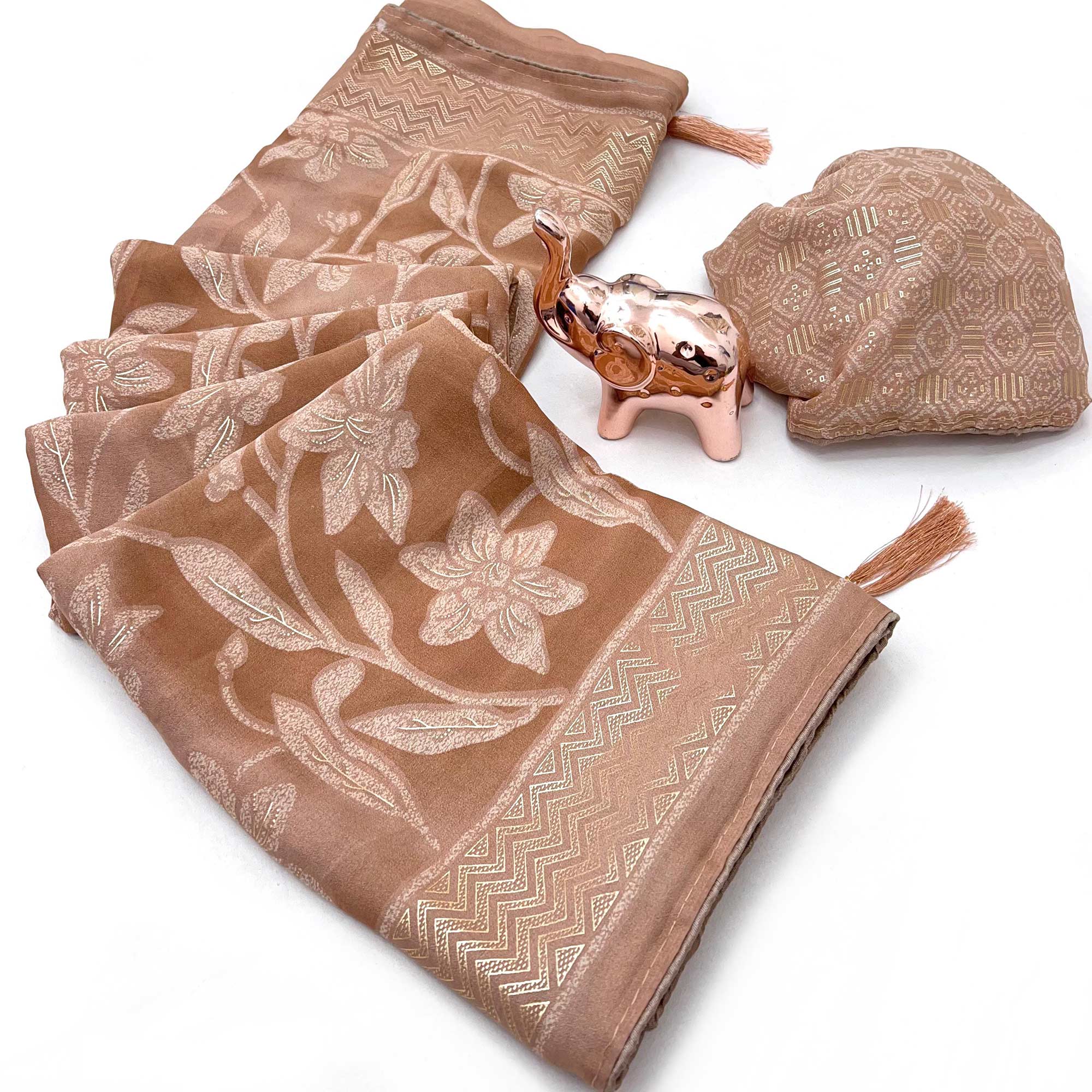 Timeless Dusty Brown Georgette Drape Adorned with All-over Floral Foil and Mill Print Detailing