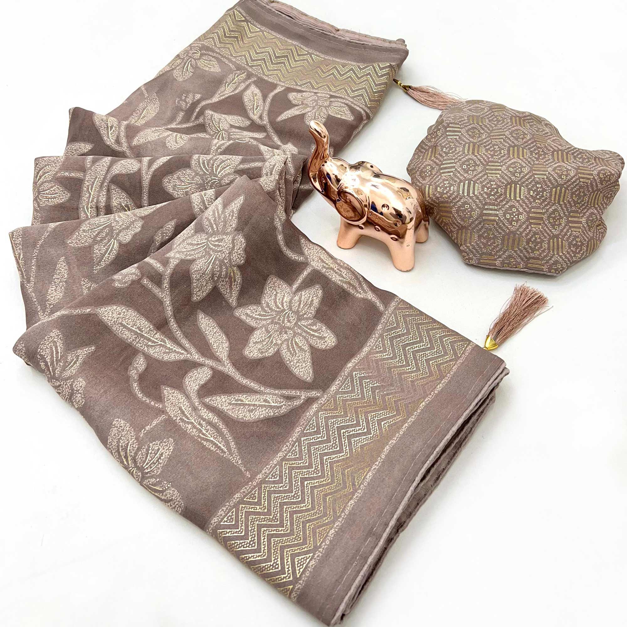 Timeless Grey Georgette Drape Adorned with All-over Floral Foil and Mill Print Detailing