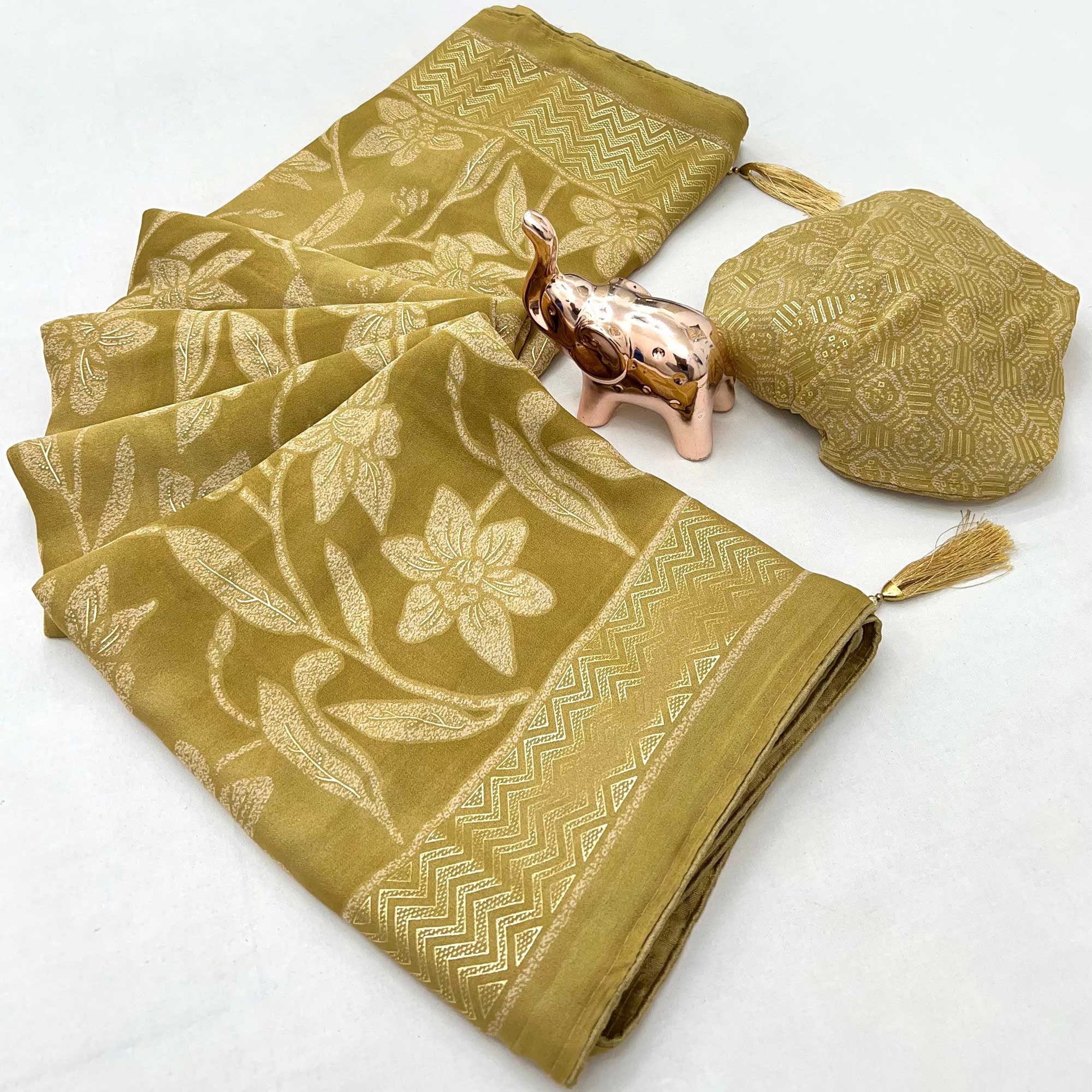 Timeless Olive Green Georgette Drape Adorned with All-over Floral Foil and Mill Print Detailing
