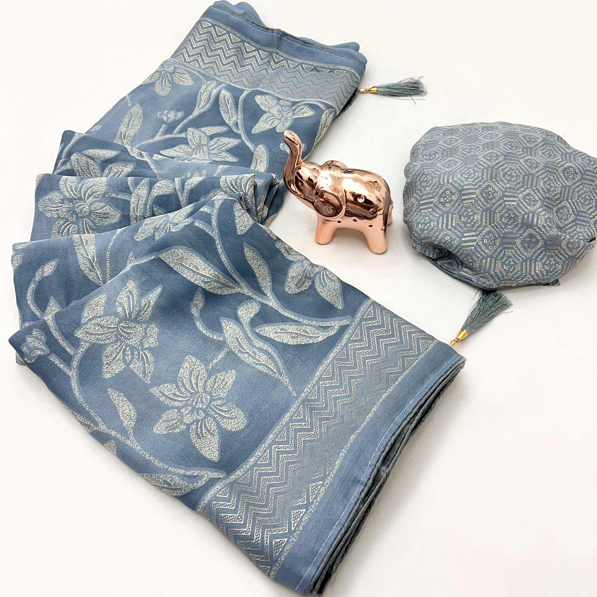 Timeless Steel Blue Georgette Drape Adorned with All-over Floral Foil and Mill Print Detailing
