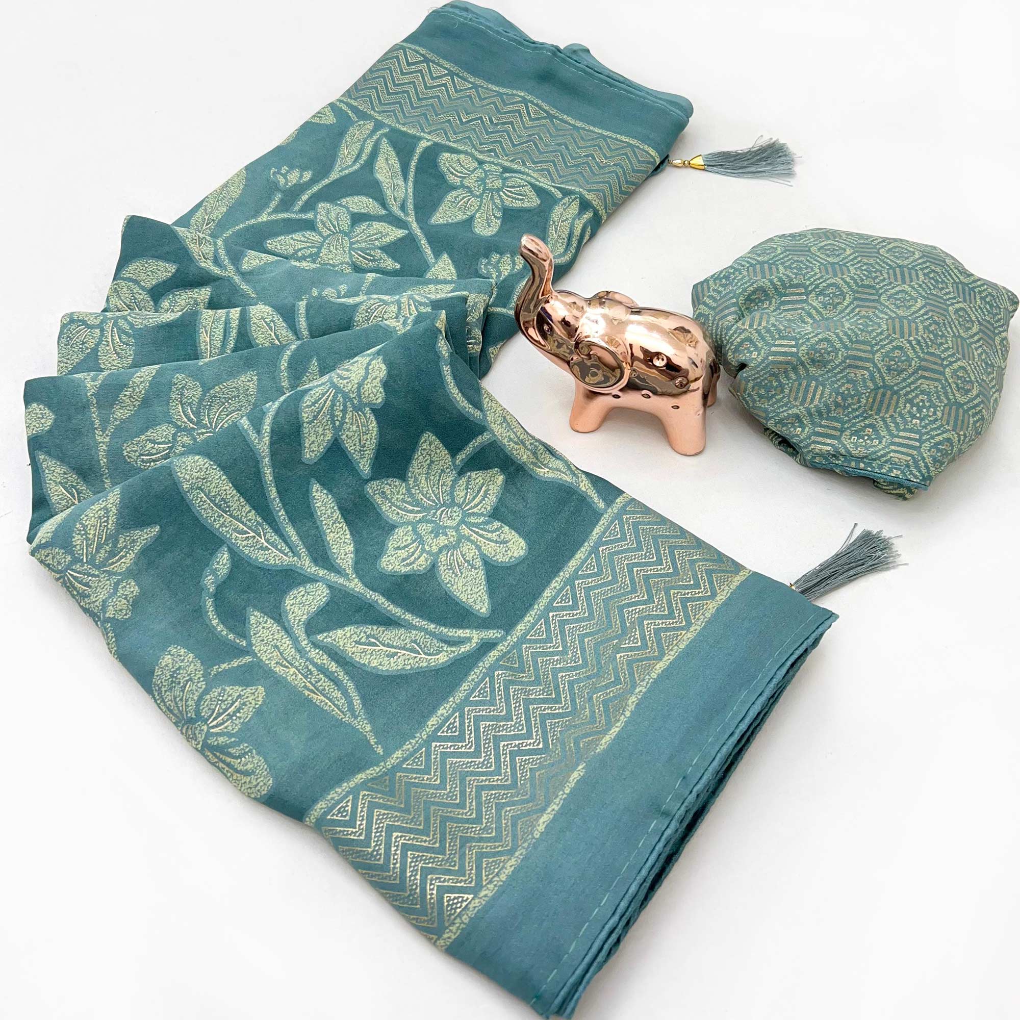 Timeless Teal Georgette Drape Adorned with All-over Floral Foil and Mill Print Detailing