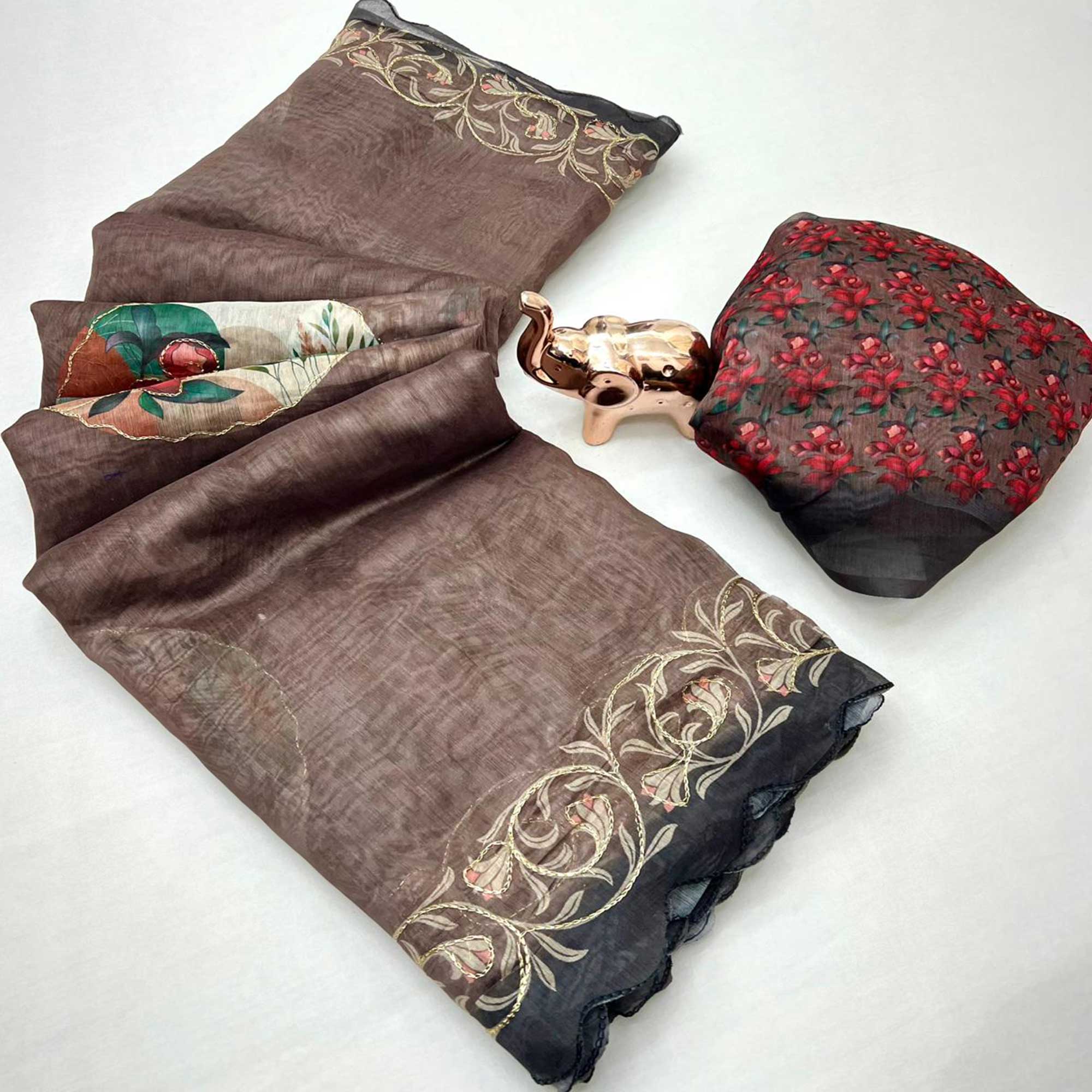 Brown Floral Printed Chanderi Cotton Saree with Decorative Embroidery Borders