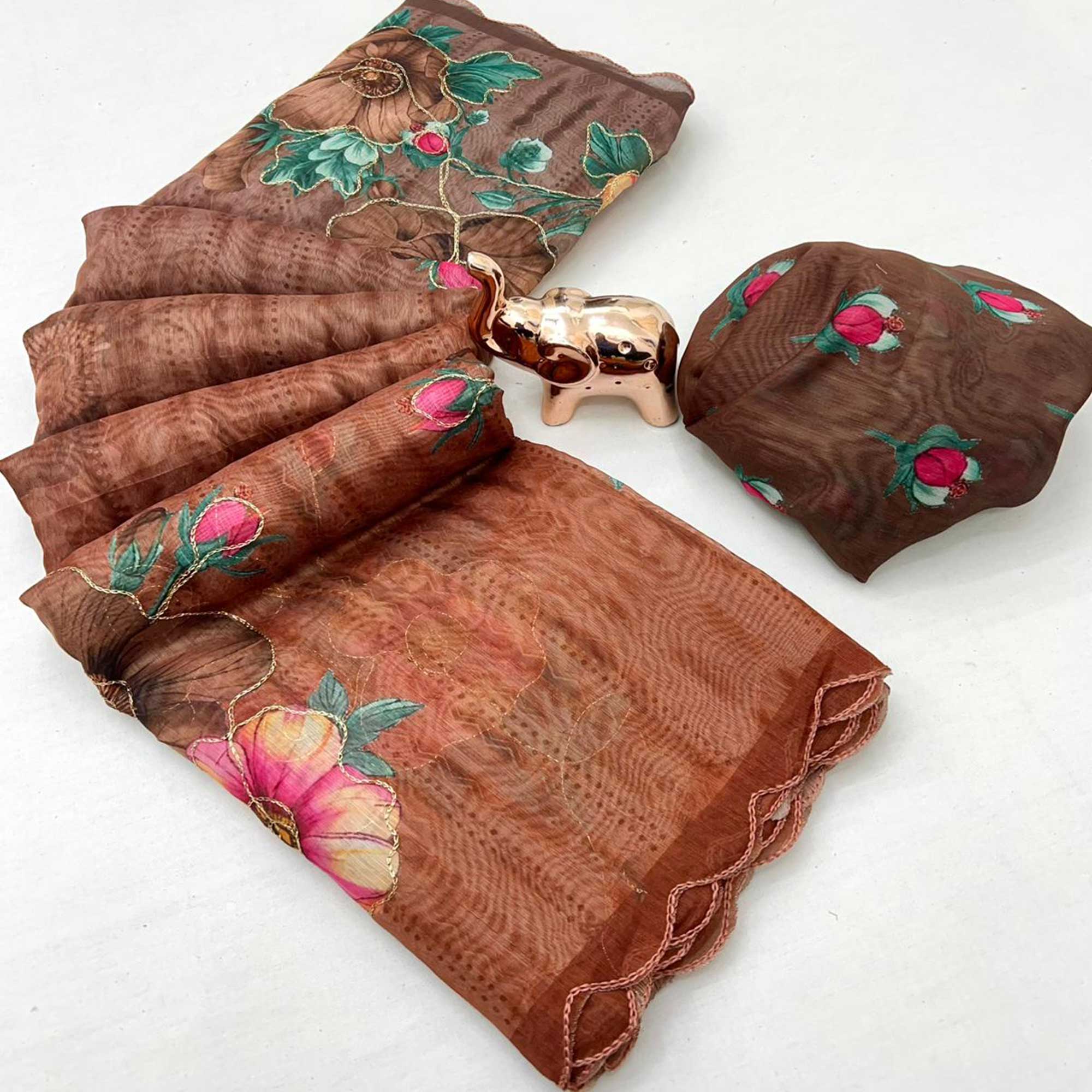 Brown Chanderi Cotton Saree Adorned with Floral Prints and Fine Embroidery for Traditional Look