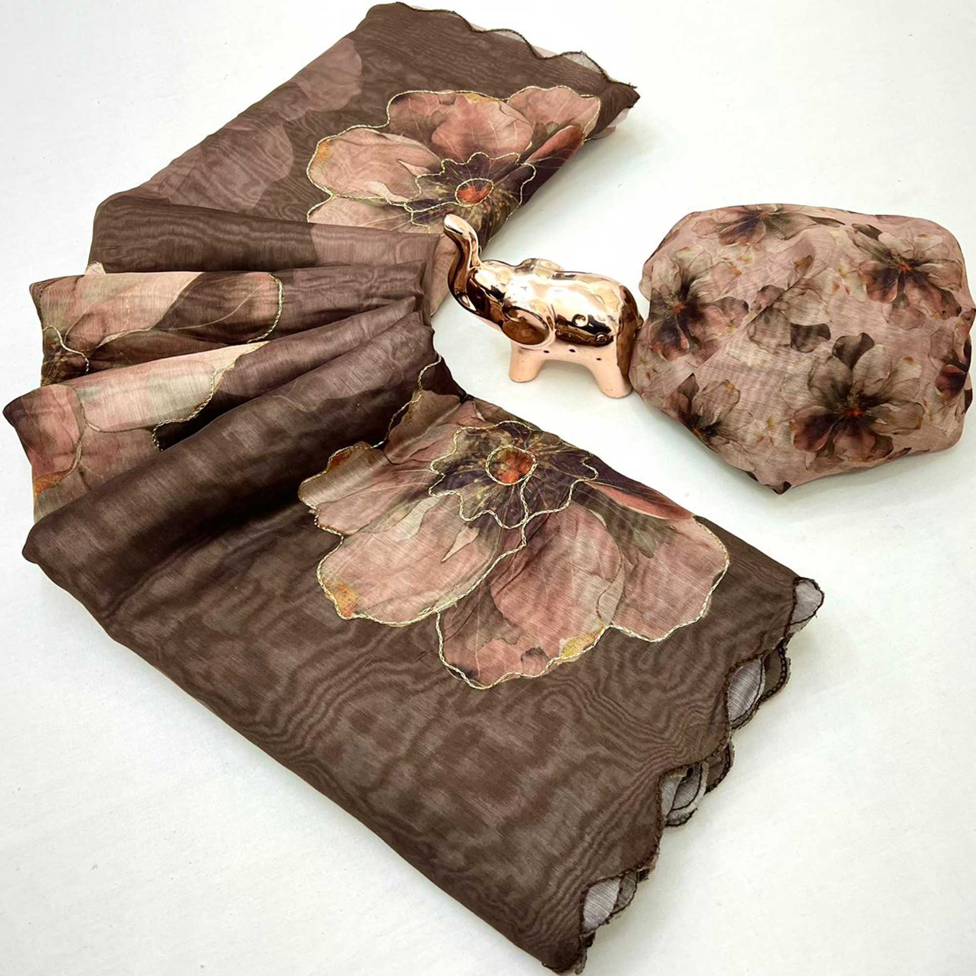 Brown Floral Printed Chanderi Cotton Embroidered Saree Perfect for Festive