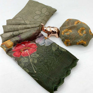 Green Floral Printed Chanderi Cotton Embroidered Saree Perfect for Festive