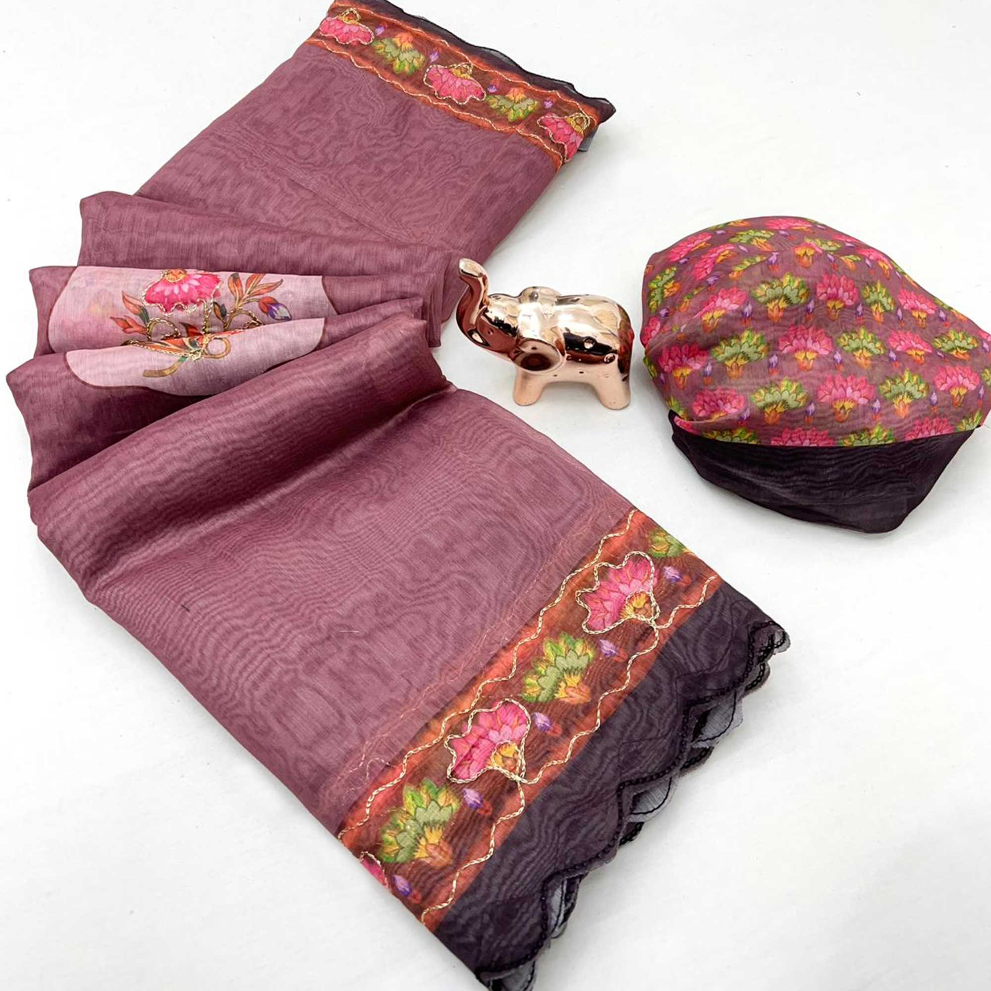 Mauve Floral Printed Chanderi Cotton Embroidered Saree Perfect for Festive