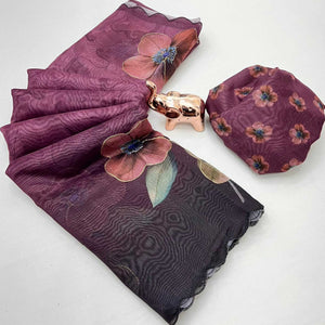 Wine Floral Printed Chanderi Cotton Embroidered Saree Perfect for Festive