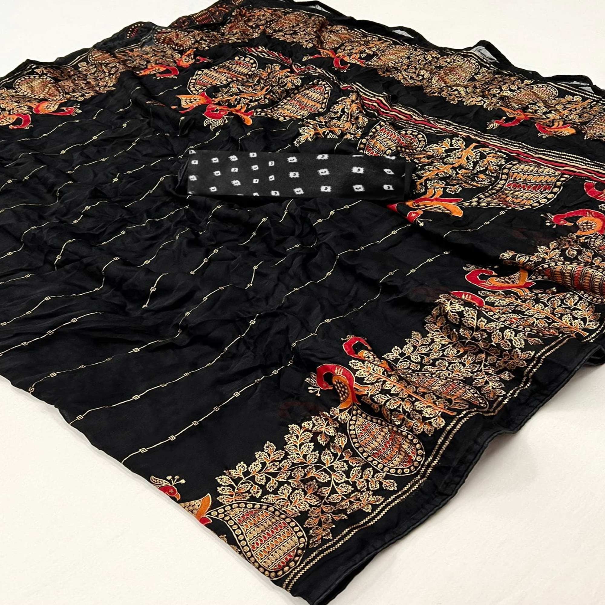 Black Floral Foil Printed Georgette Saree