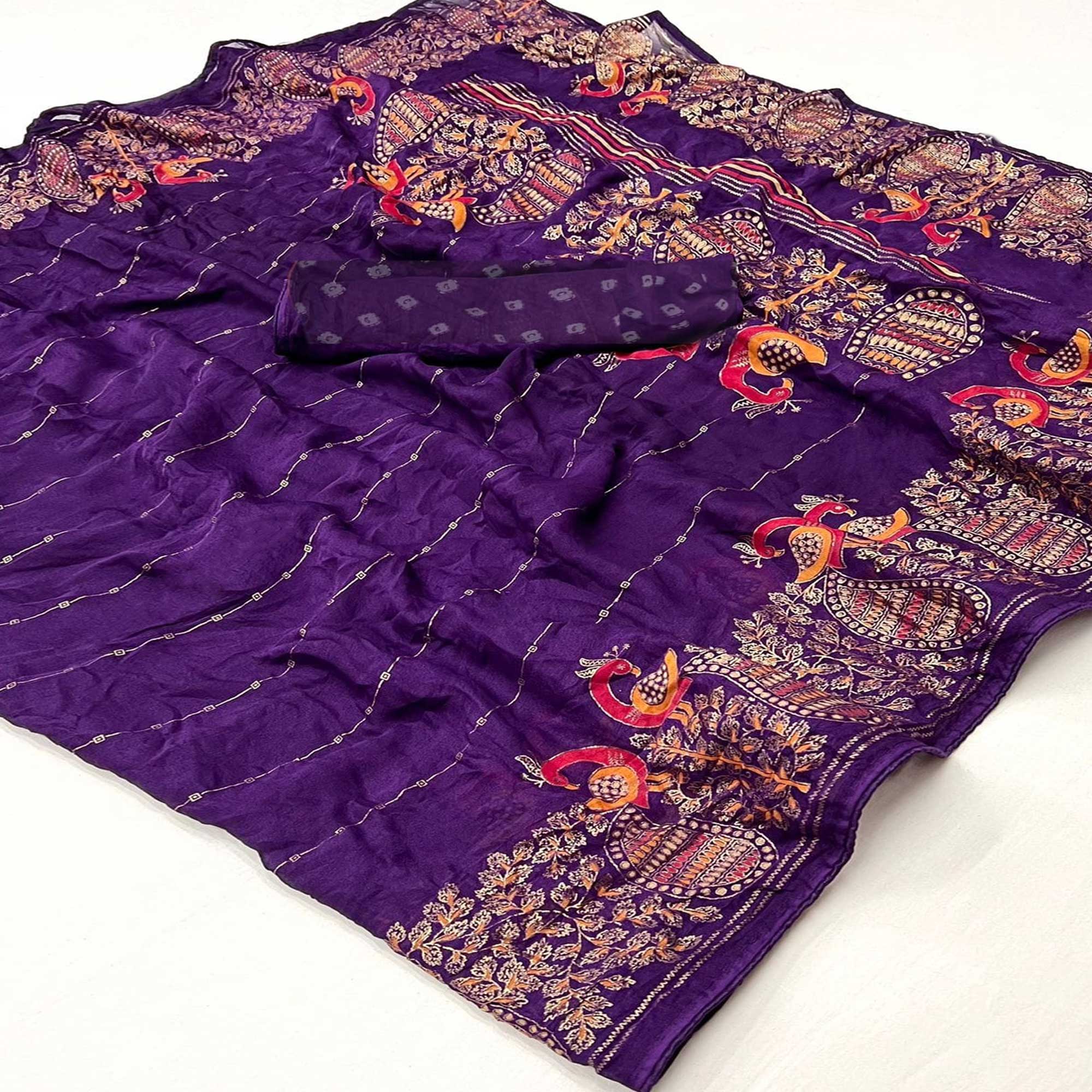 Purple Floral Foil Printed Georgette Saree