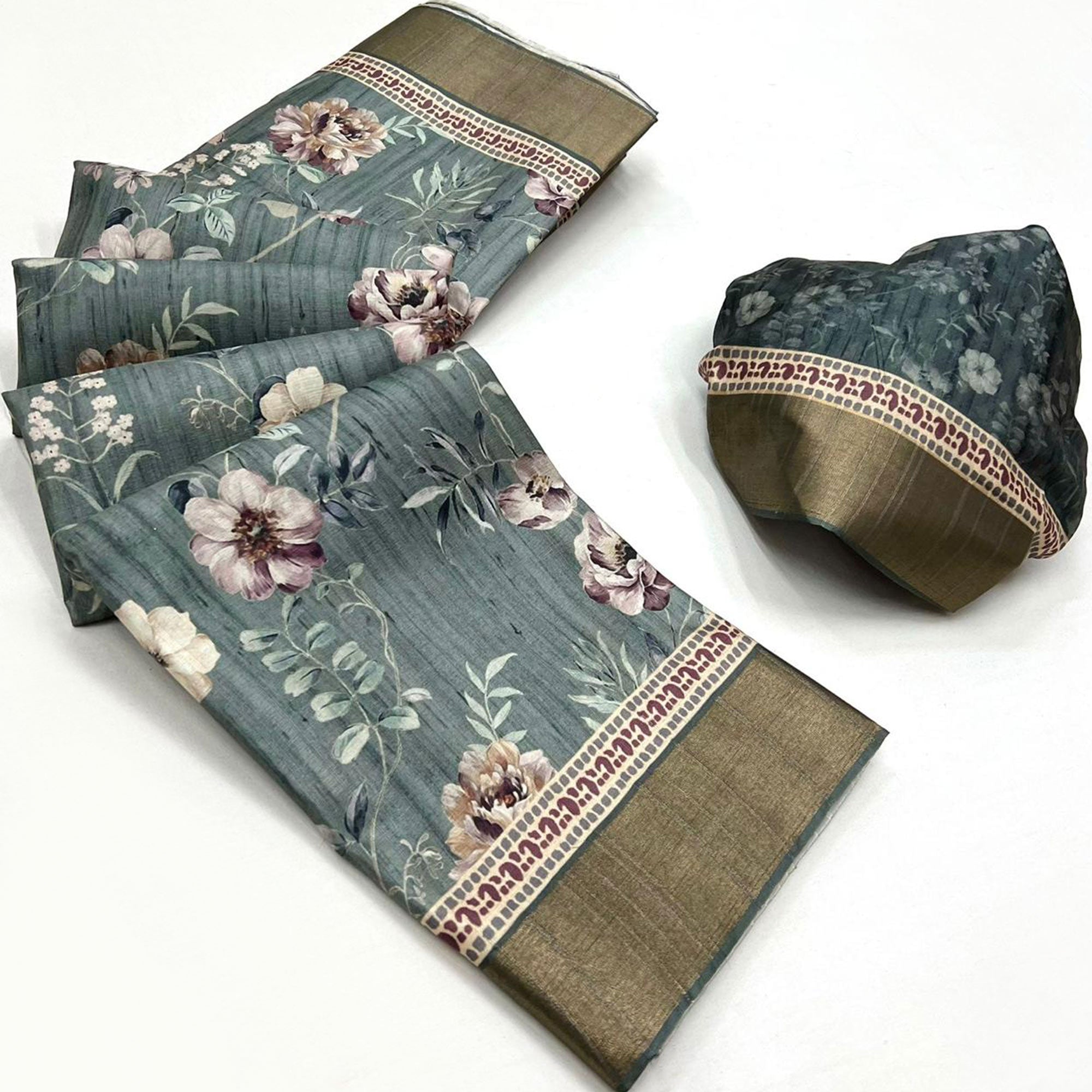 Grey Floral Digital Printed Tussar Silk Saree