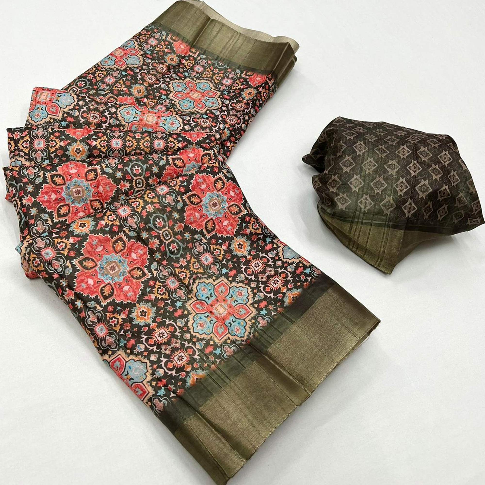 Mehendi Green Floral Digital Printed Tussar Silk Saree