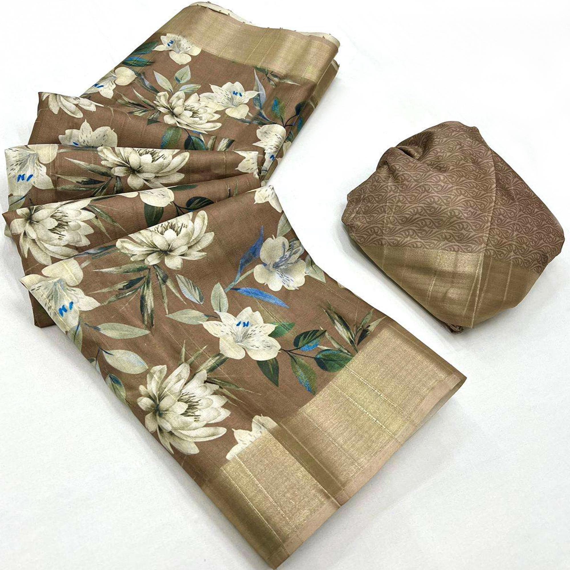 Brown Floral Digital Printed With Woven Border Tussar Silk Saree