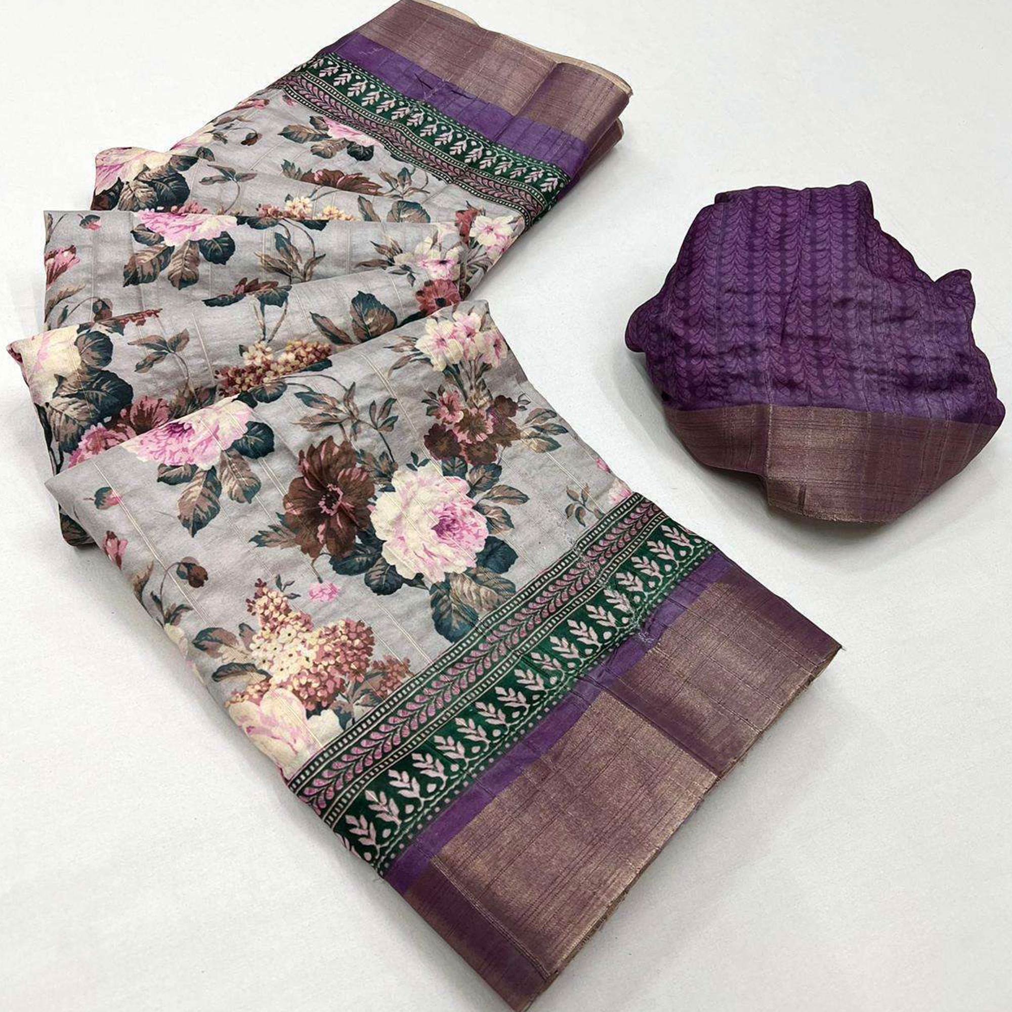 Grey & Purple Floral Digital Printed With Woven Border Tussar Silk Saree