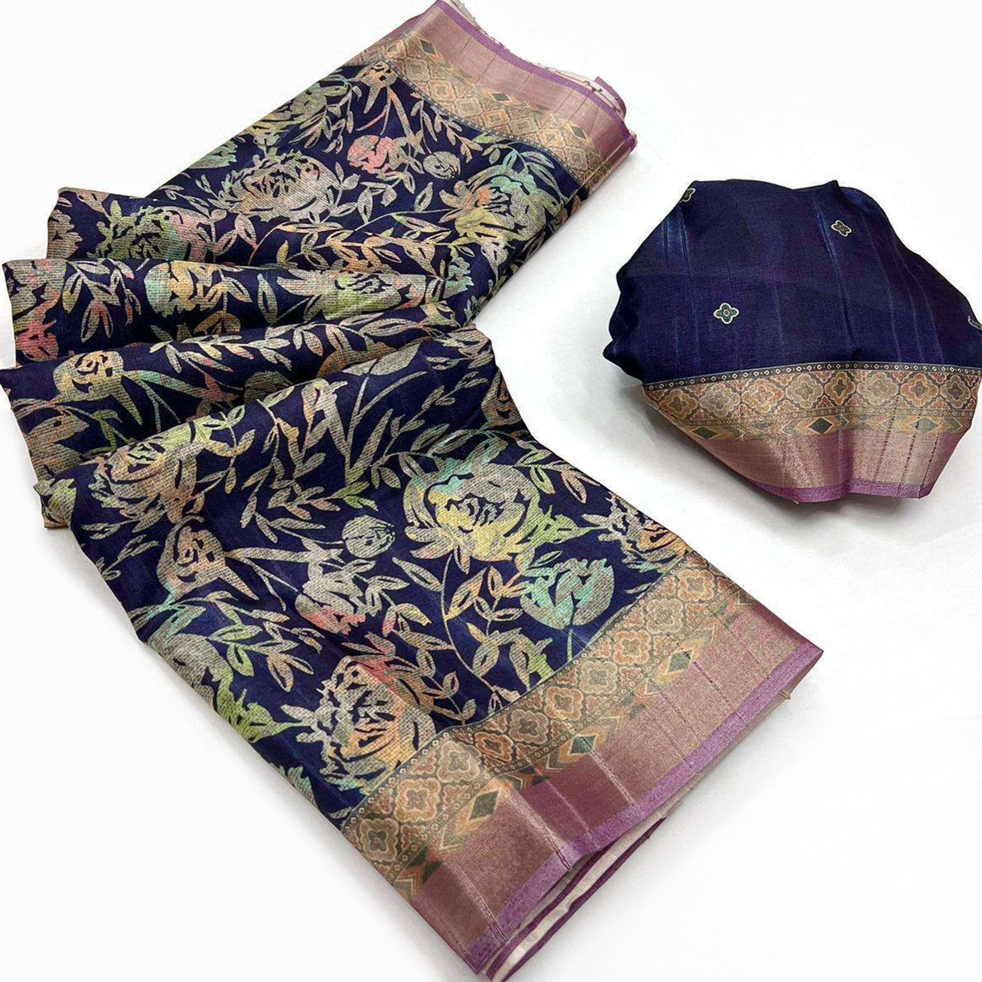 Navy Blue Floral Digital Printed With Woven Border Tussar Silk Saree