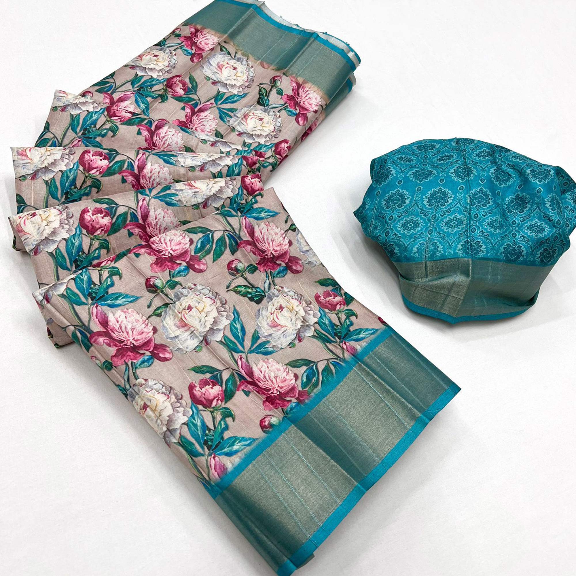 Cream & Rama Blue Floral Digital Printed Tussar Silk Saree