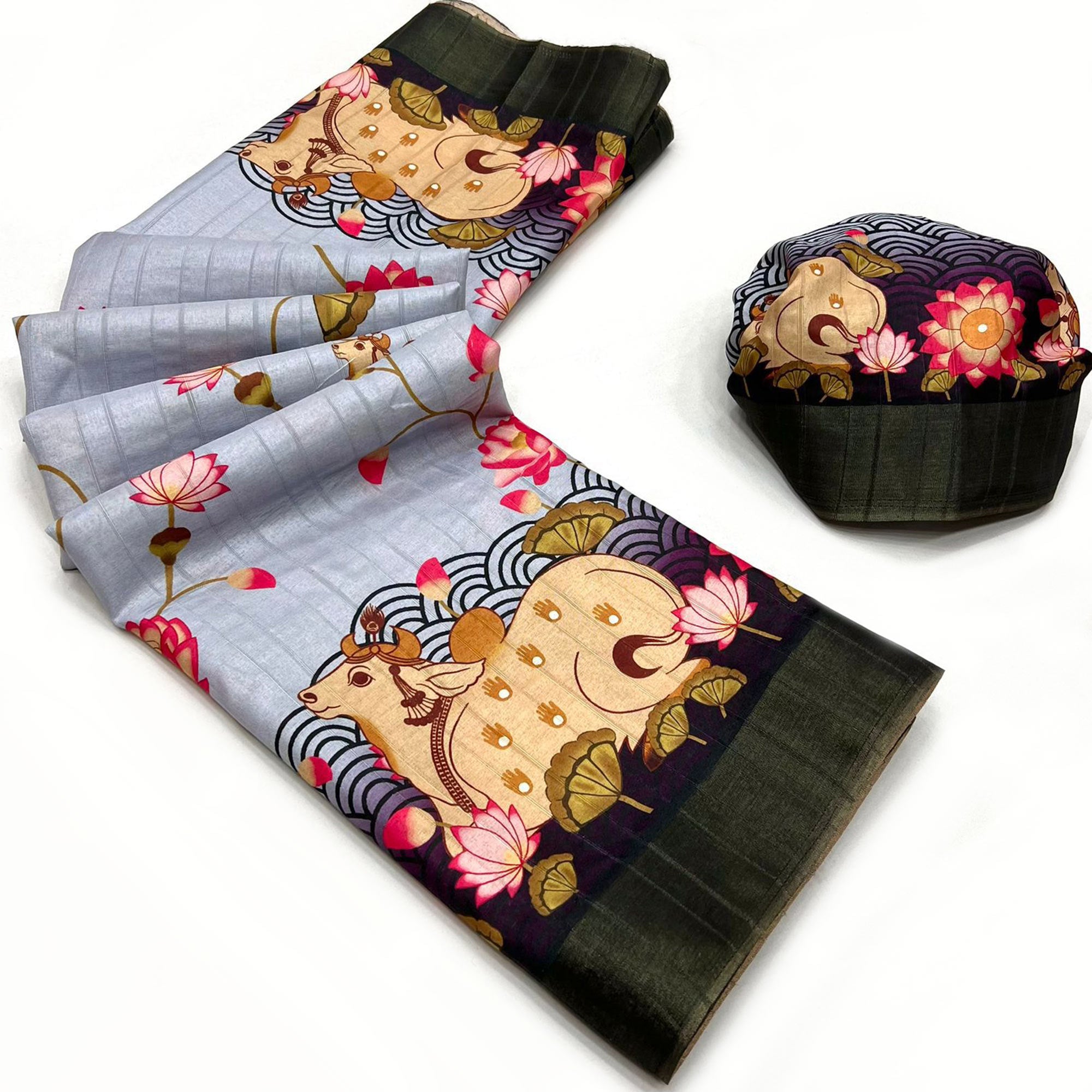 Grey & Black Floral Digital Printed Tussar Silk Saree