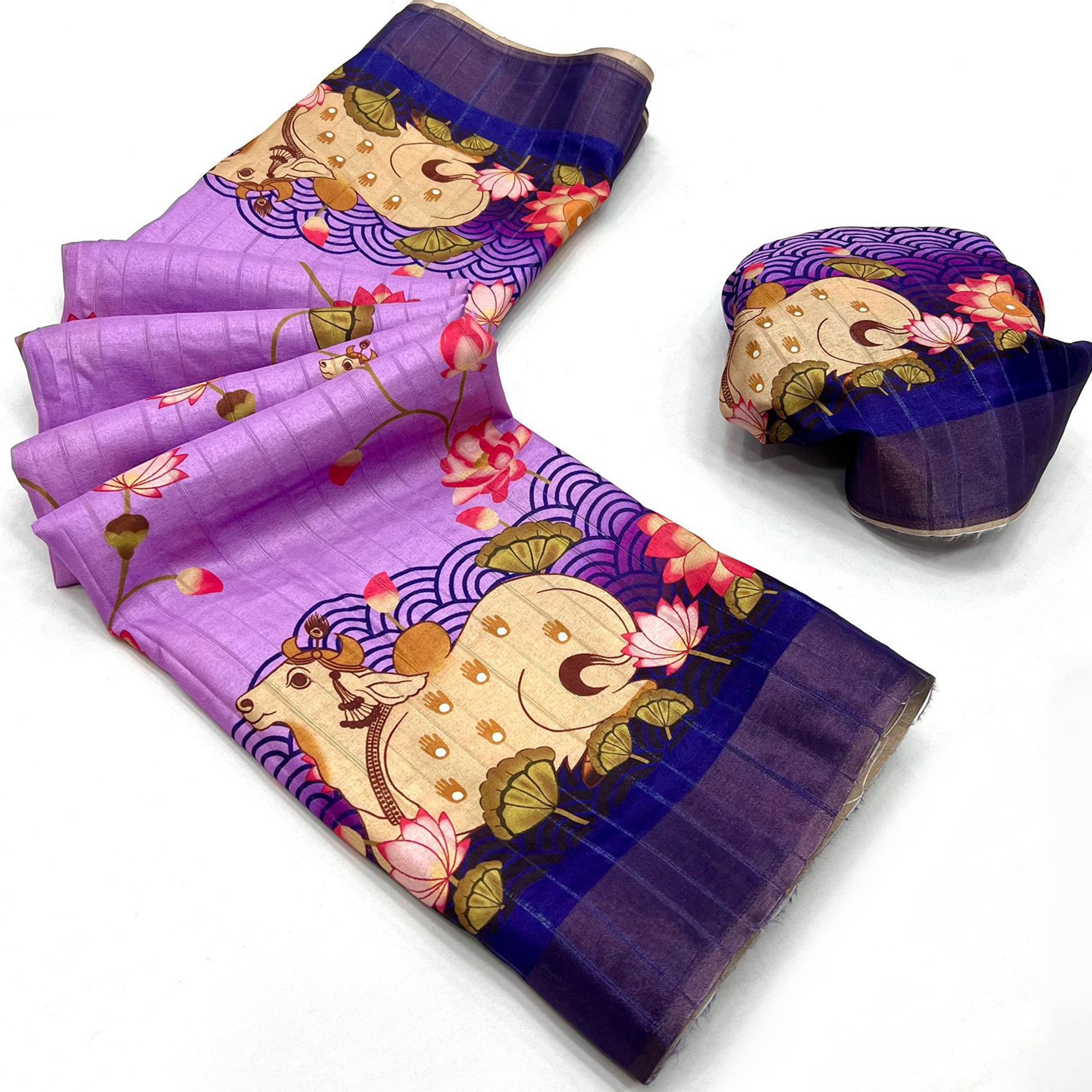 Lavender & Blue Floral Digital Printed Tussar Silk Saree