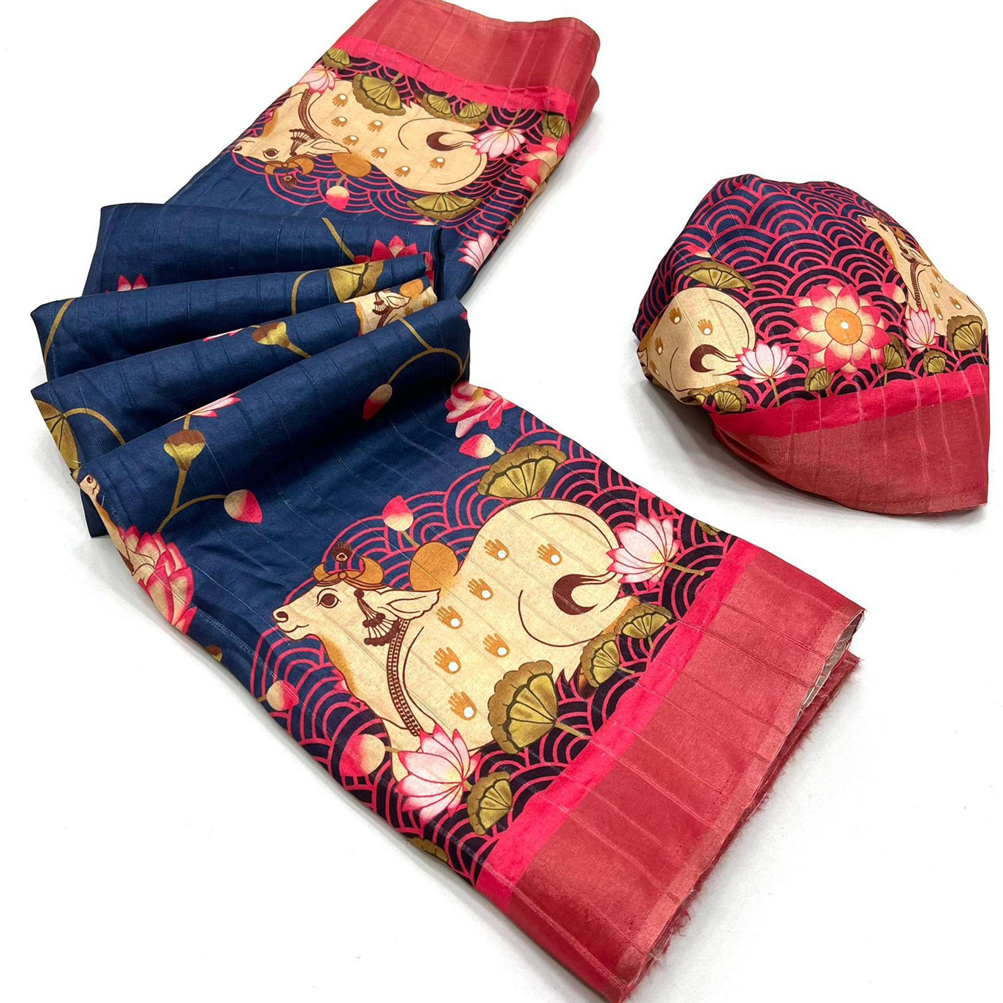 Navy Blue Floral Digital Printed Tussar Silk Saree