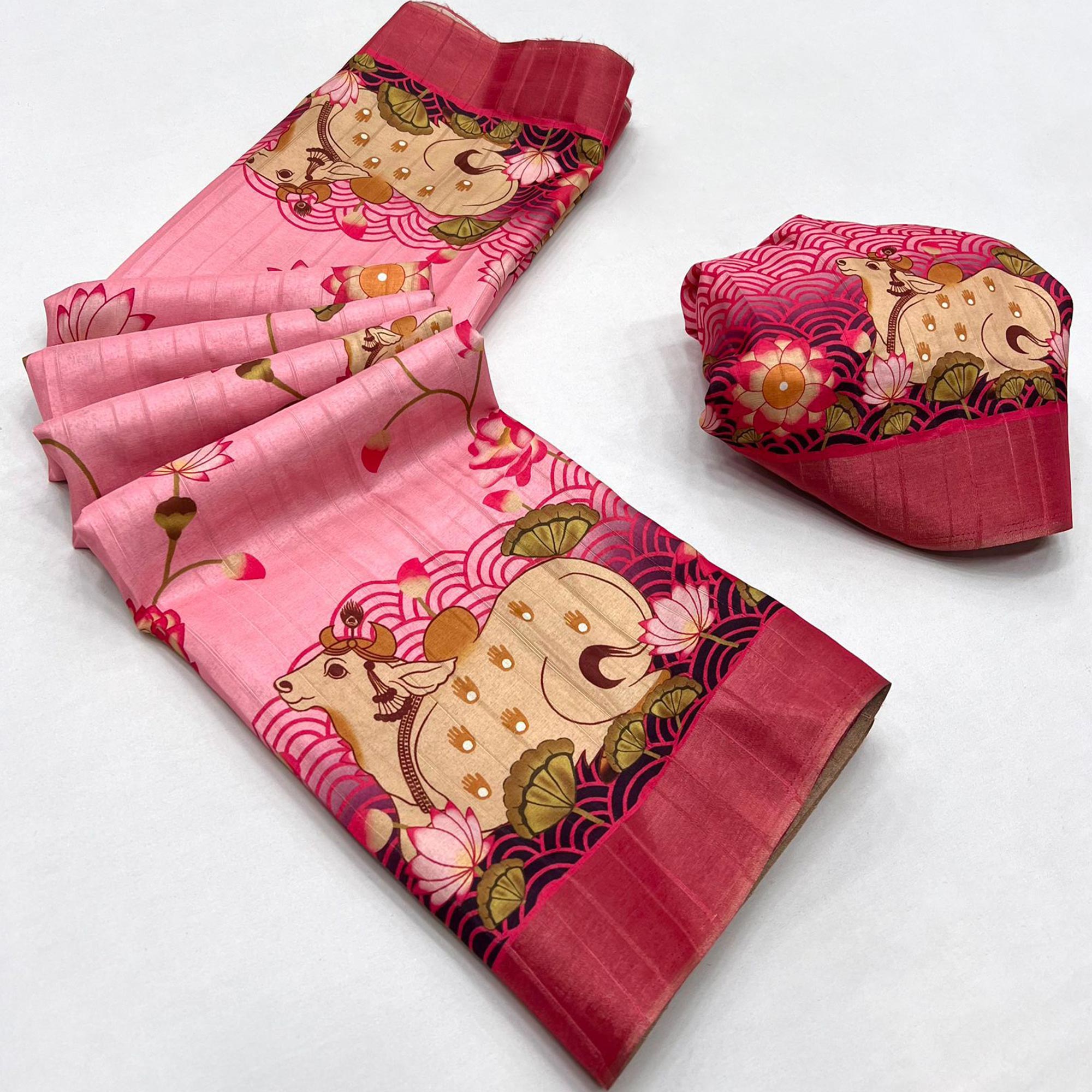 Pink & Red Floral Digital Printed Tussar Silk Saree