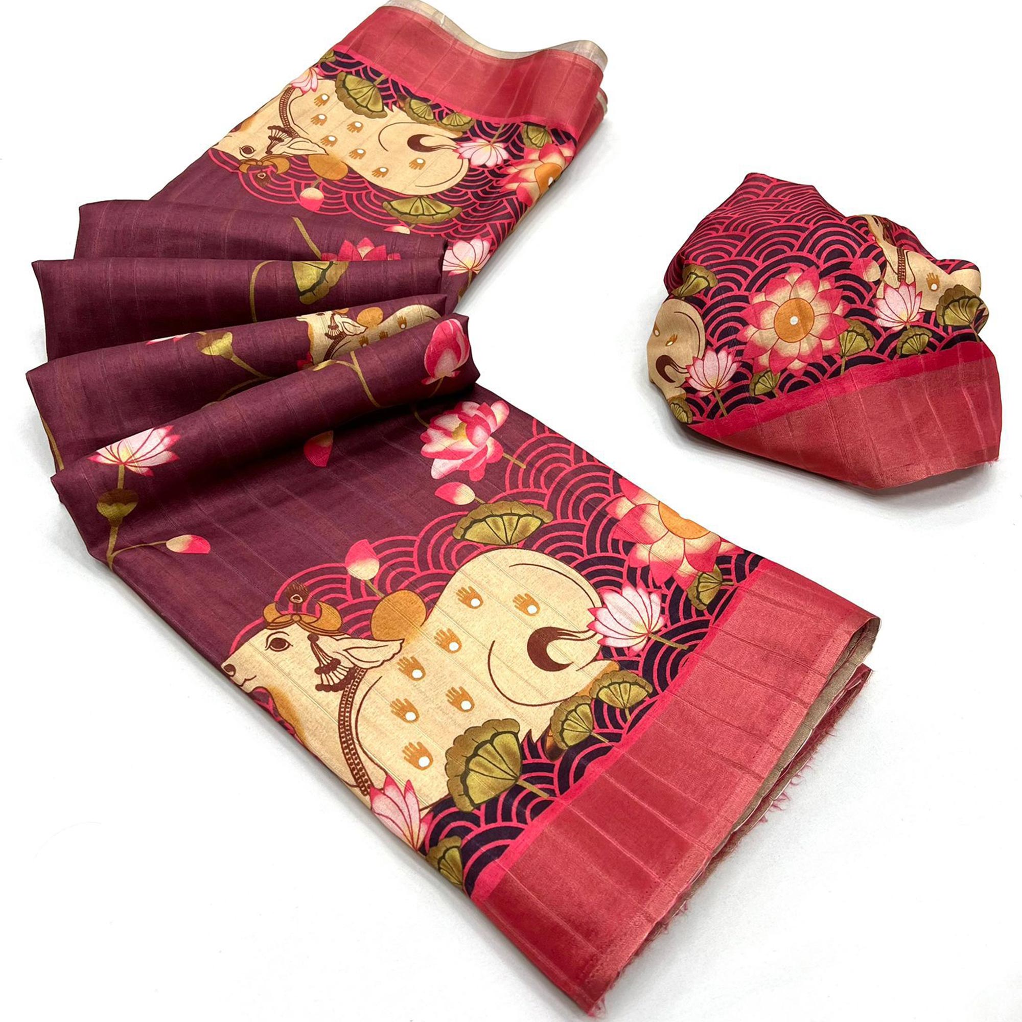 Wine Floral Digital Printed Tussar Silk Saree