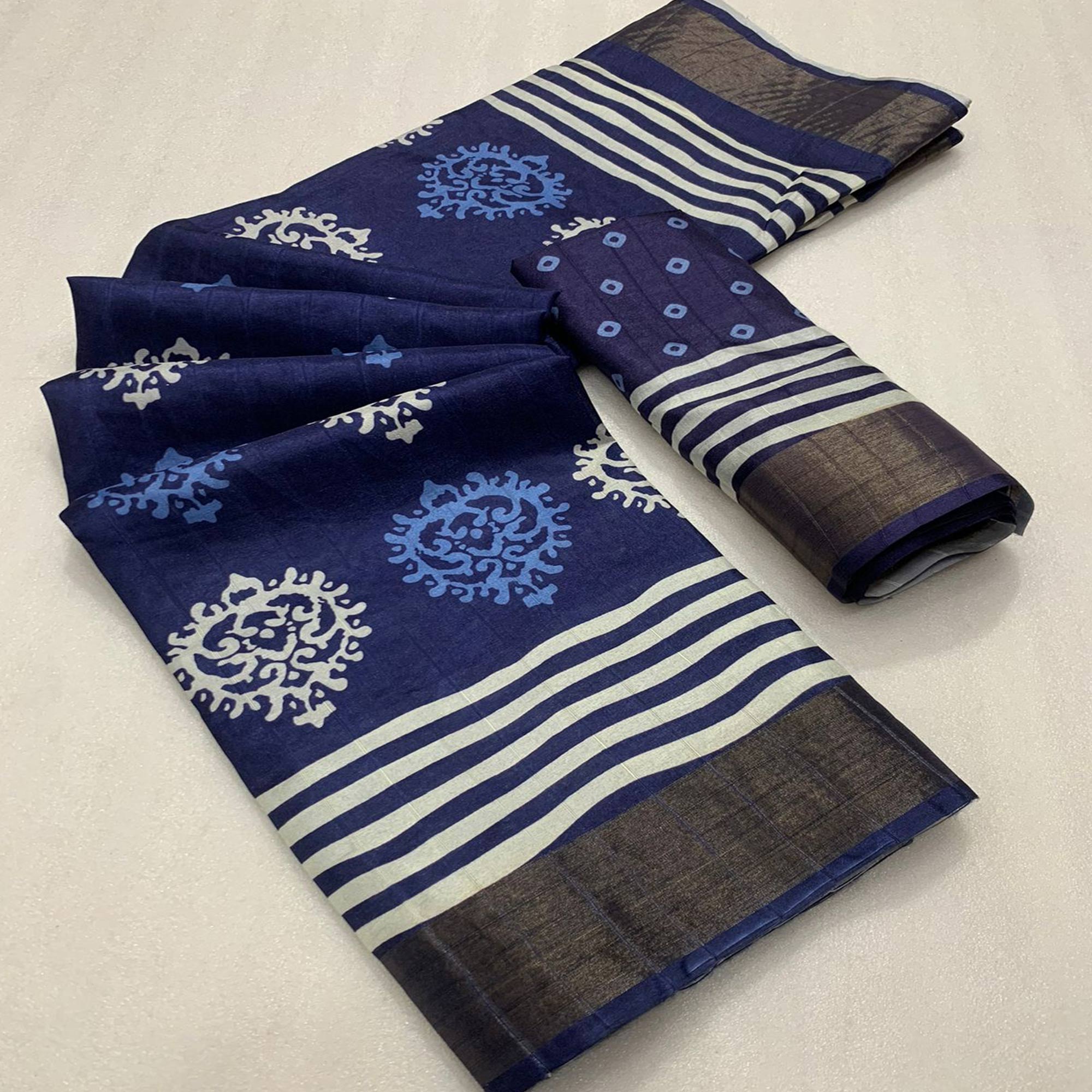 Blue Printed Tussar Silk Saree