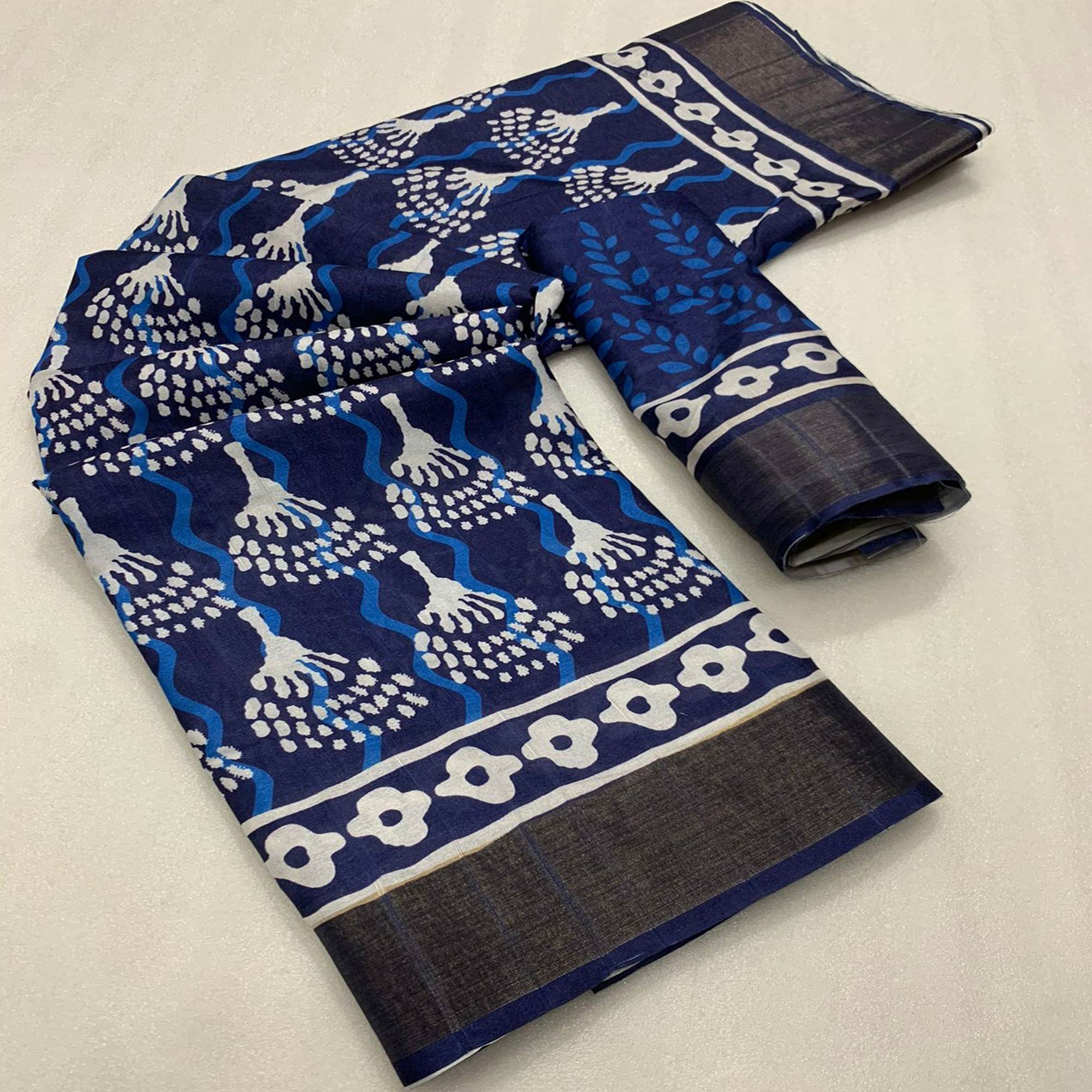 Blue Printed Tussar Silk Saree