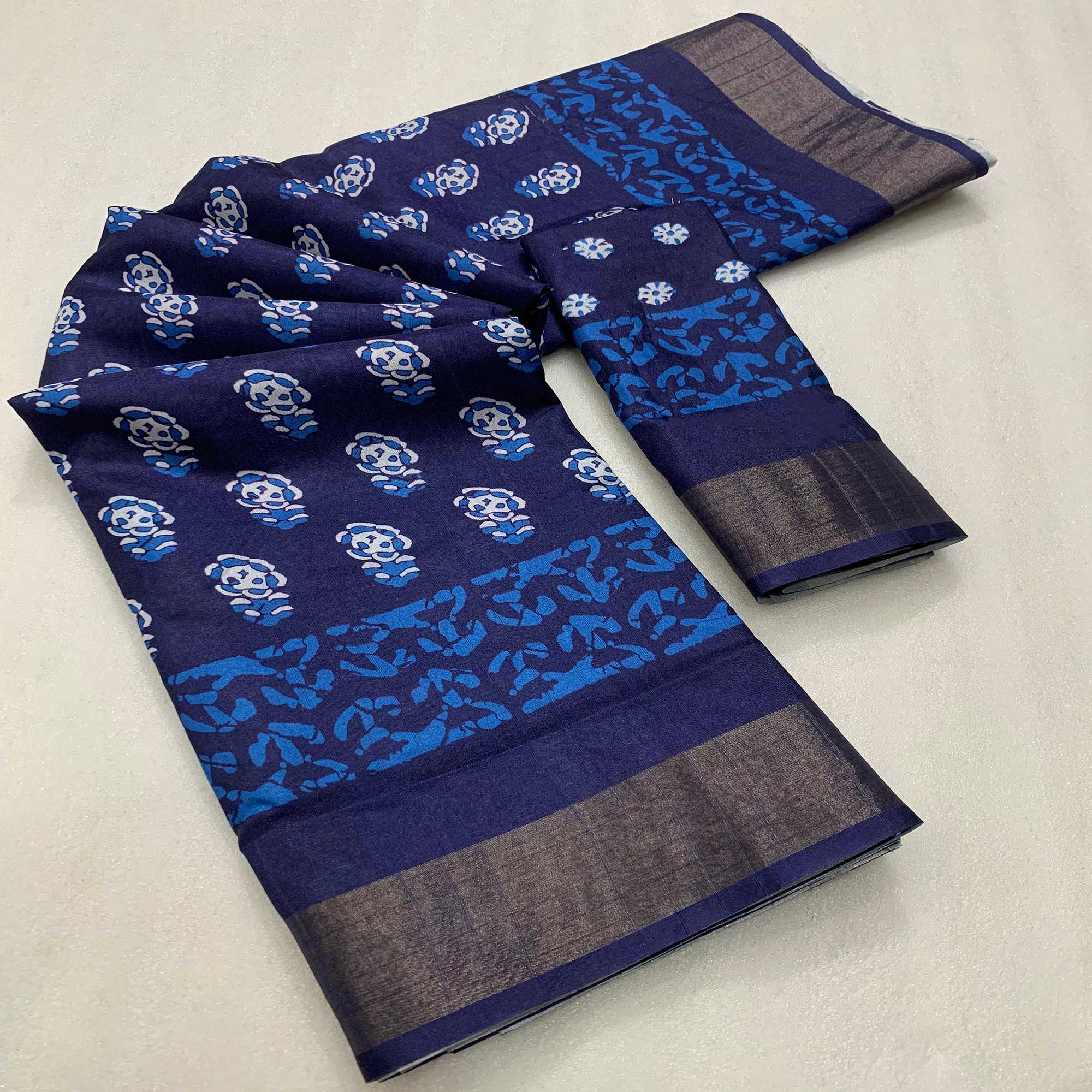 Blue Floral Digital Printed Tussar Silk Saree