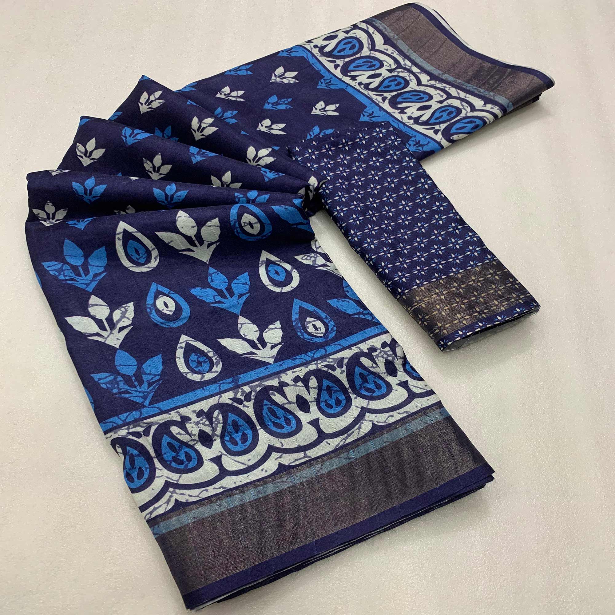 Blue Floral Digital Printed Tussar Silk Saree