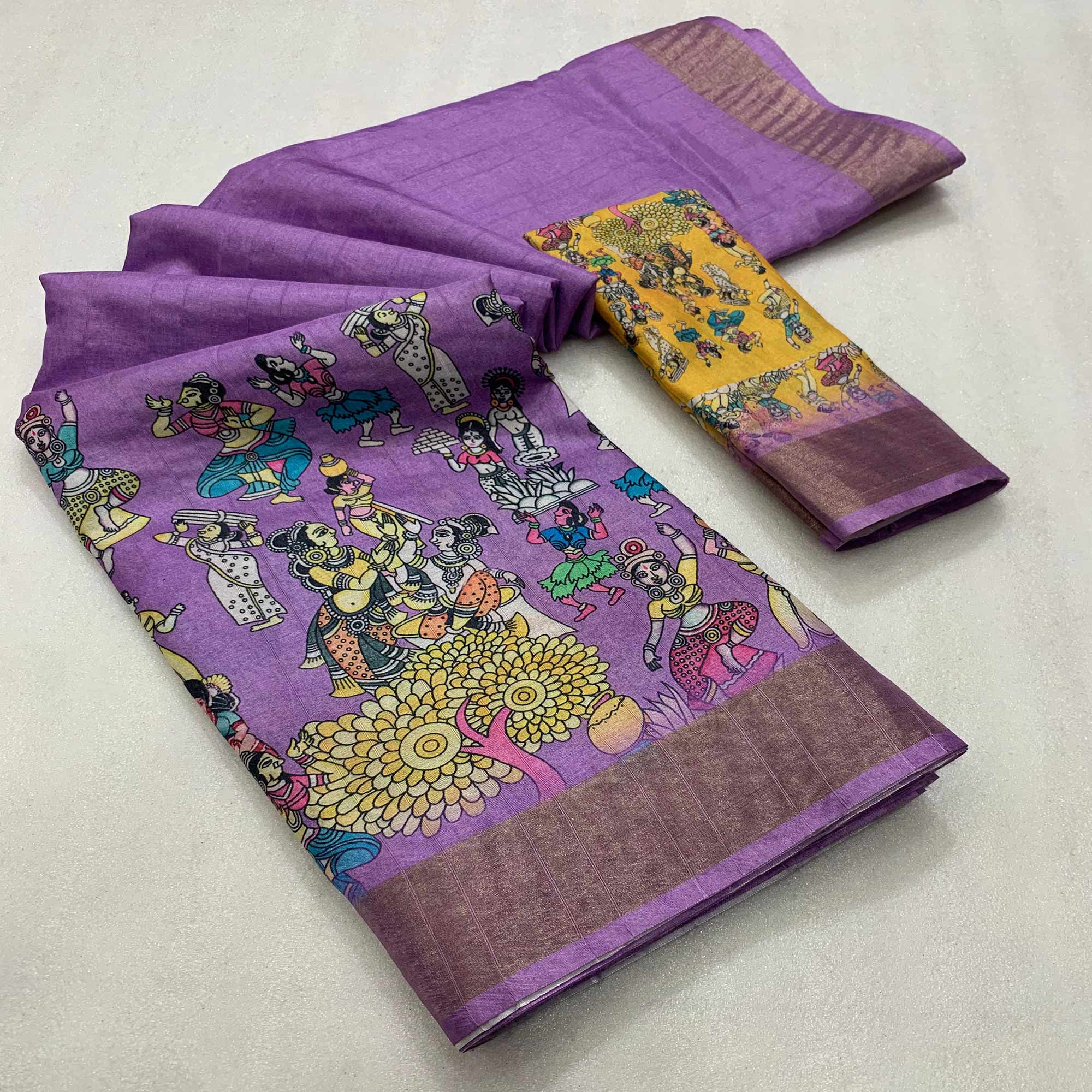 Lavender Floral Digital Printed Tussar Silk Saree