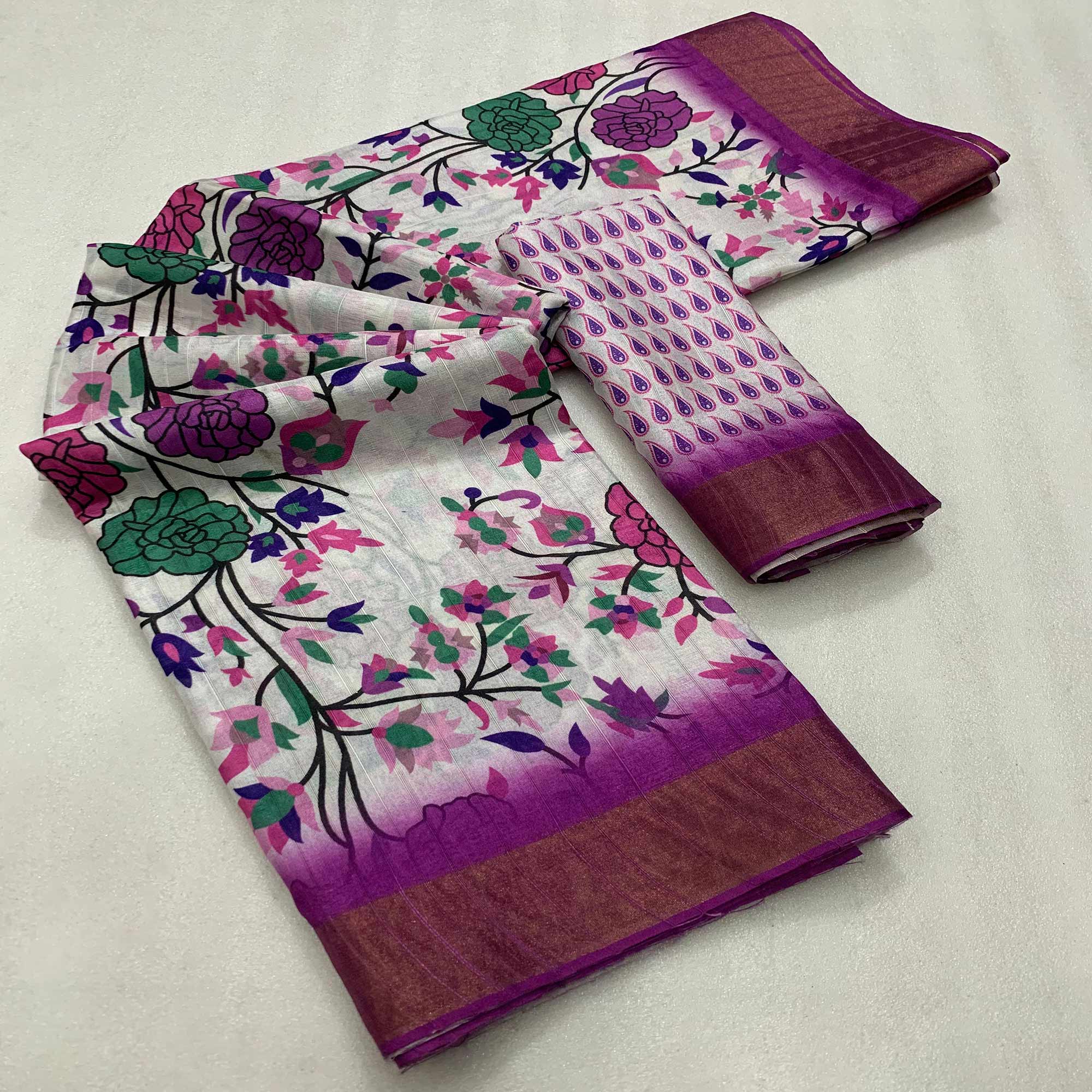 White & Purple Floral Digital Printed Tussar Silk Saree