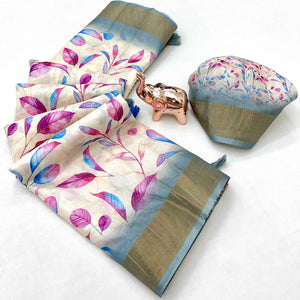 Festive Off White Silk Blend Saree with Subtle Floral Print and Shimmering Zari Border