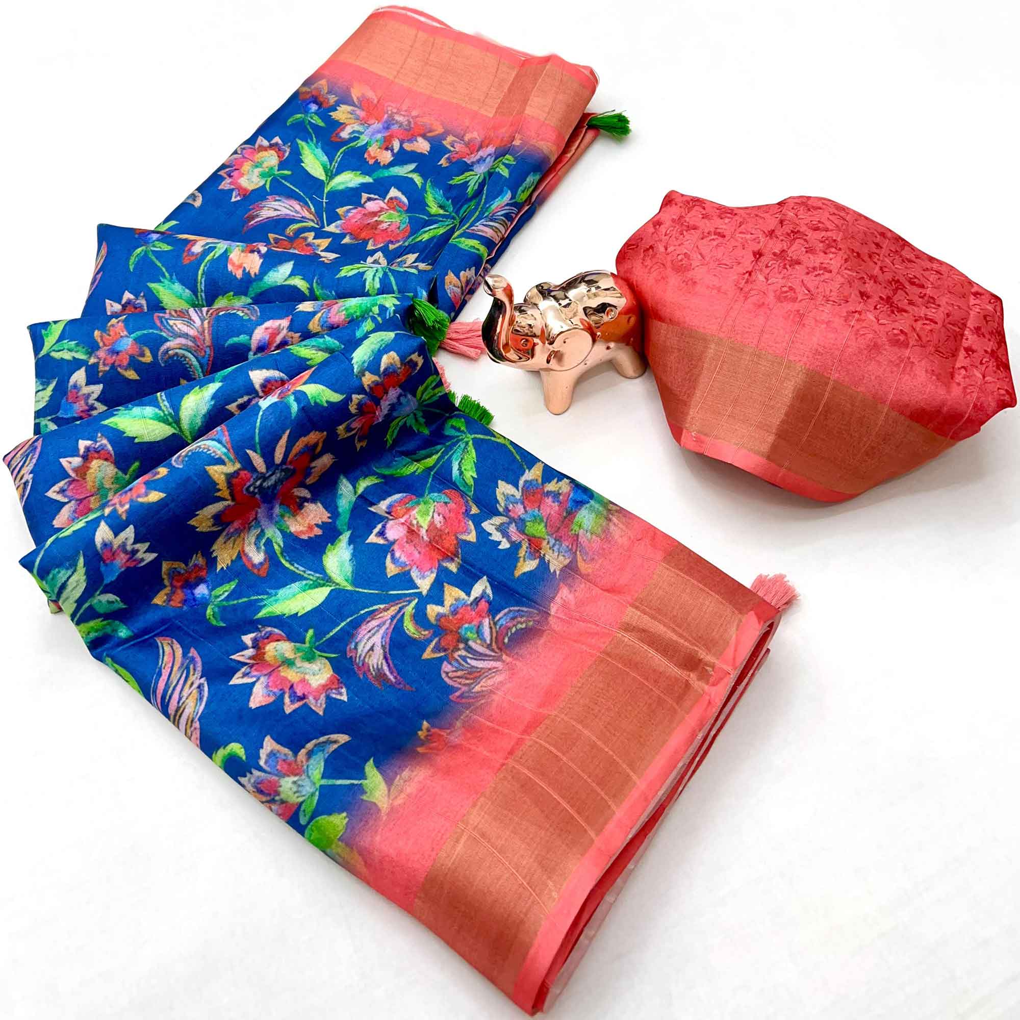 Festive Royal Blue Silk Blend Saree with Subtle Floral Print and Shimmering Zari Border