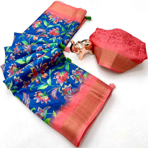 Festive Royal Blue Silk Blend Saree with Subtle Floral Print and Shimmering Zari Border