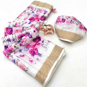 Festive White Silk Blend Saree with Subtle Floral Print and Shimmering Zari Border