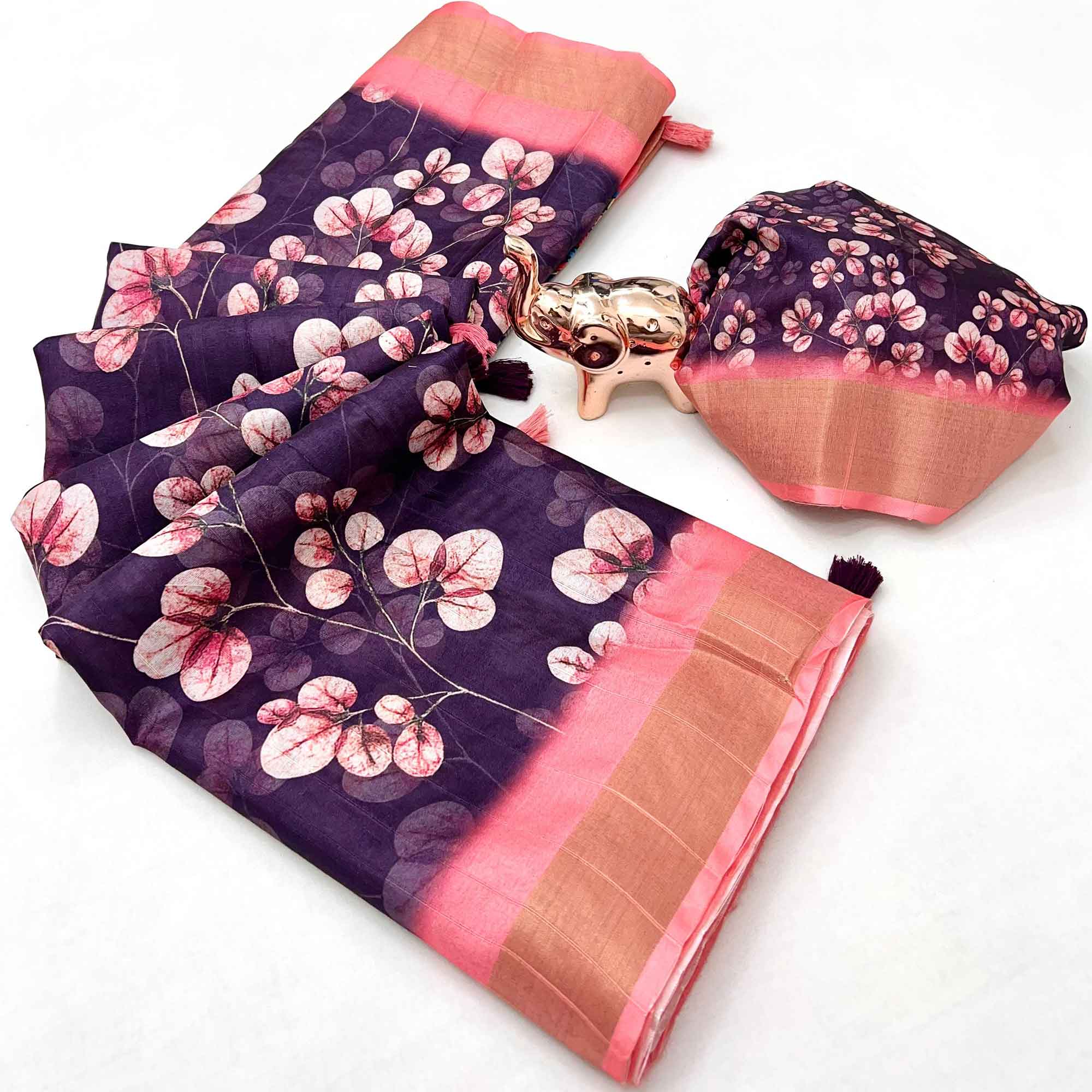 Festive Deep Purple Silk Blend Saree with Subtle Floral Print and Shimmering Zari Border