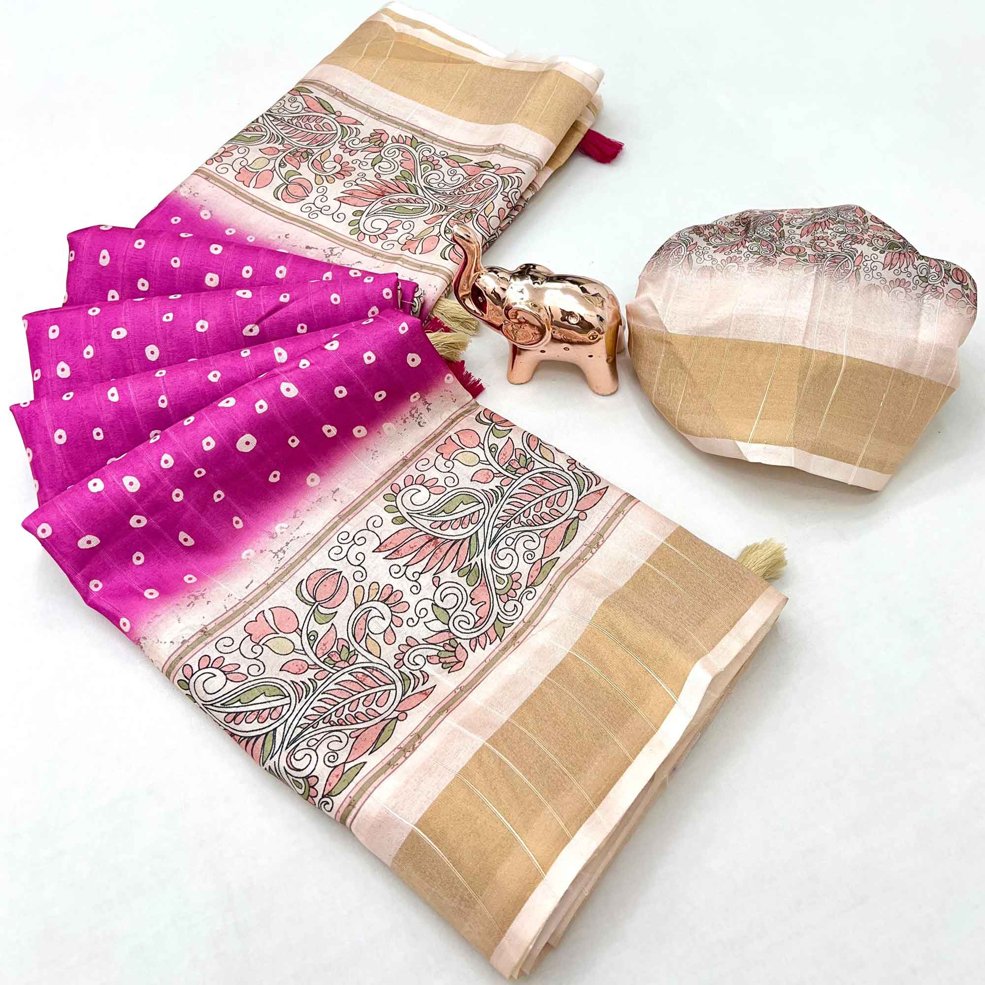 Festive Pink & Off White Silk Blend Saree with Subtle Floral Print and Shimmering Zari Border