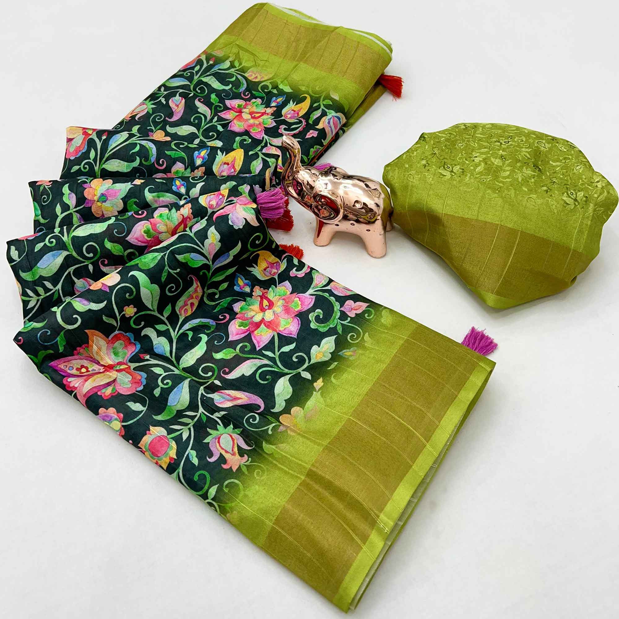 Festive Dark Green Silk Blend Saree with Subtle Floral Print and Shimmering Zari Border