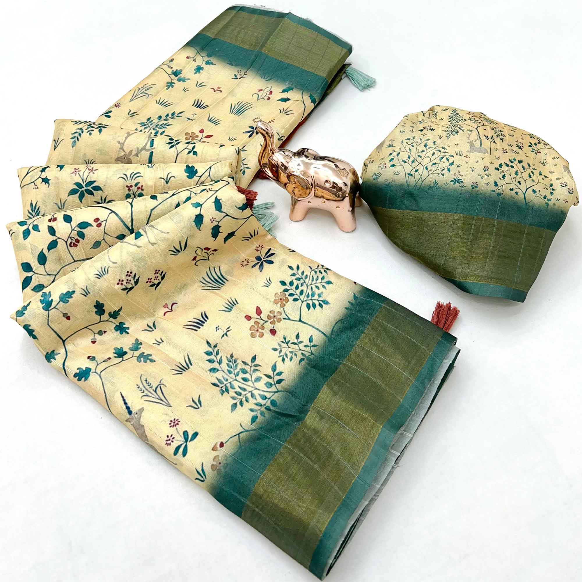 Festive Cream Silk Blend Saree with Subtle Floral Print and Shimmering Zari Border