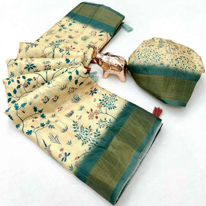 Festive Cream Silk Blend Saree with Subtle Floral Print and Shimmering Zari Border