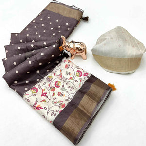 Festive Dark Brown Silk Blend Saree with Subtle Floral Print and Shimmering Zari Border