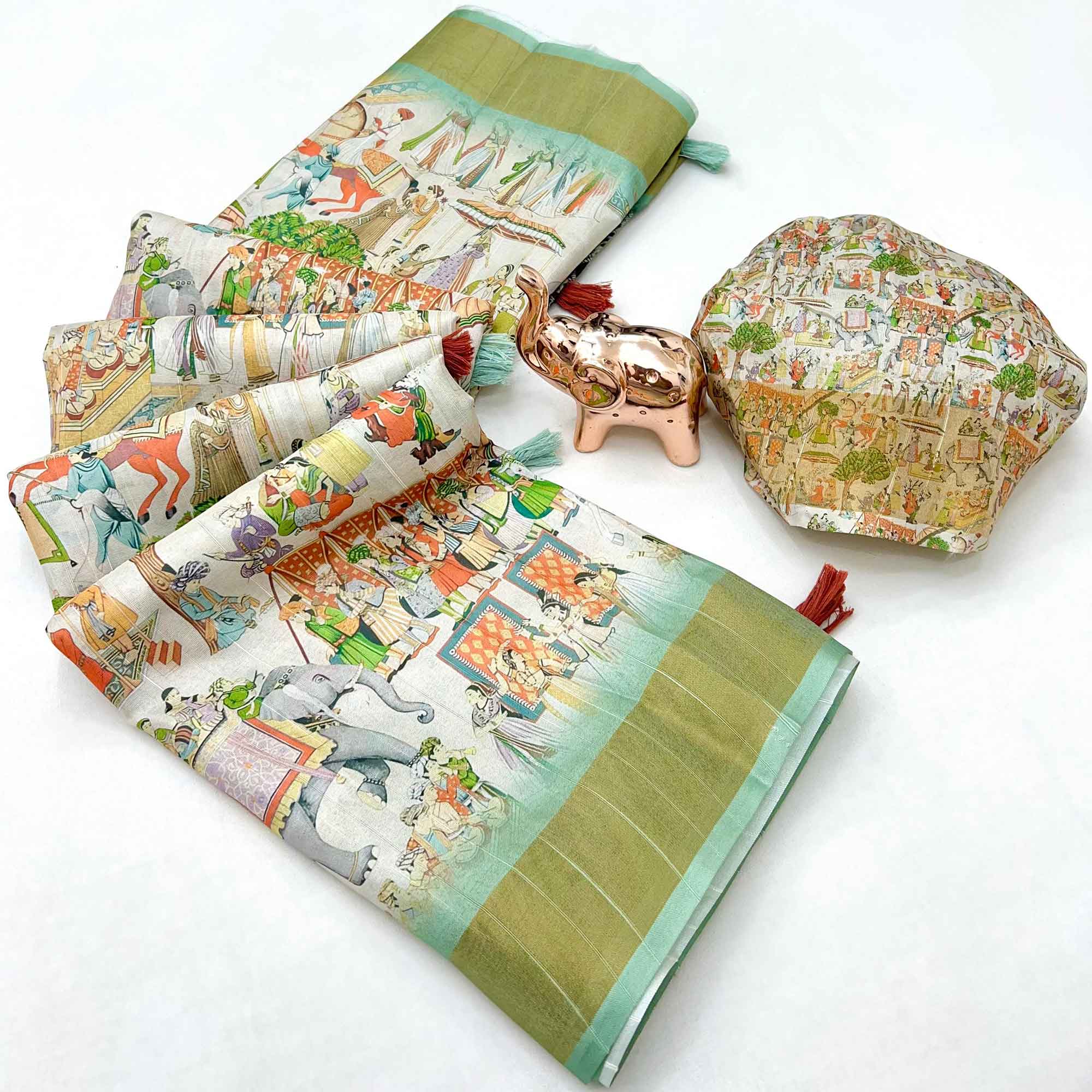 Designer Off White Saree with All-Over Floral Prints and Elegant Zari Border