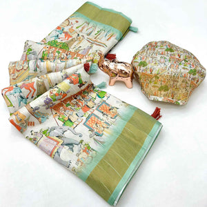 Designer Off White Saree with All-Over Floral Prints and Elegant Zari Border