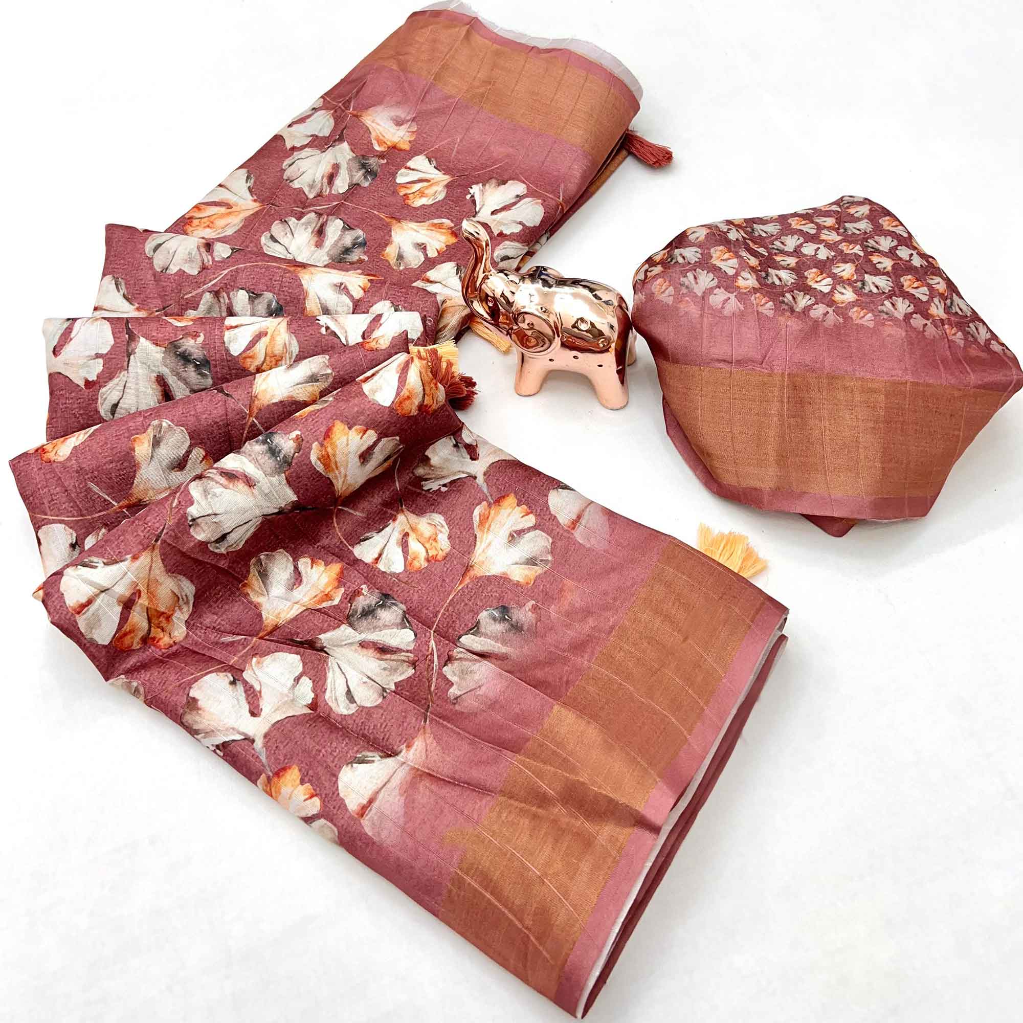 Festive Mauve Silk Blend Saree with Subtle Floral Print and Shimmering Zari Border