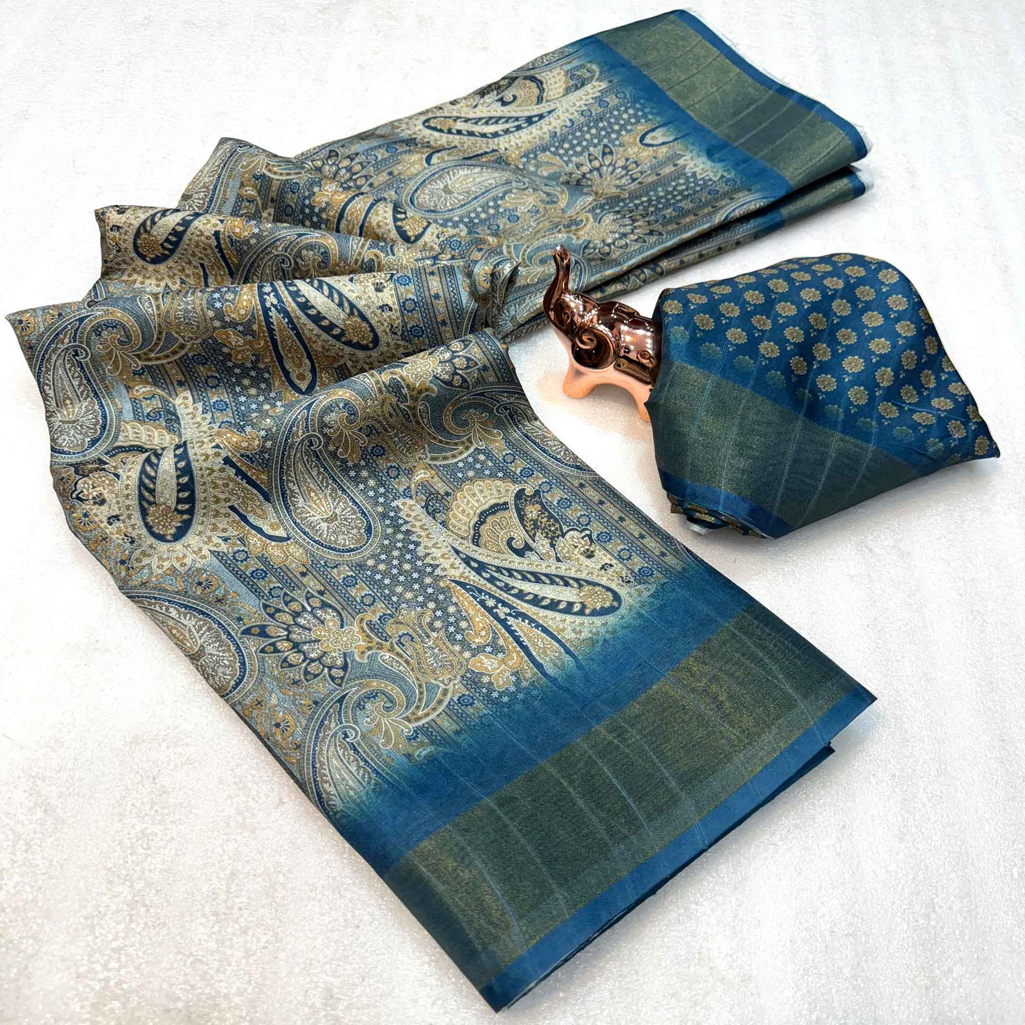 Festive Grey Silk Blend Saree with Subtle Floral Print and Shimmering Zari Border