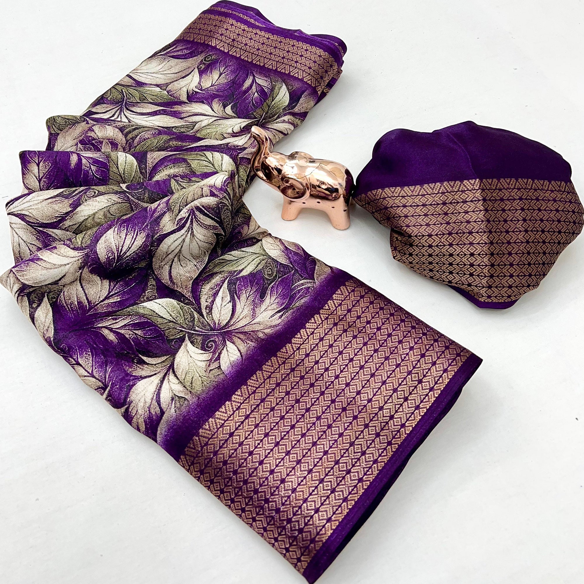 Purple Leaf Printed Dola Silk Marshmallow Saree With Paisley Jaal Pallu & Lustrous Weaving Border